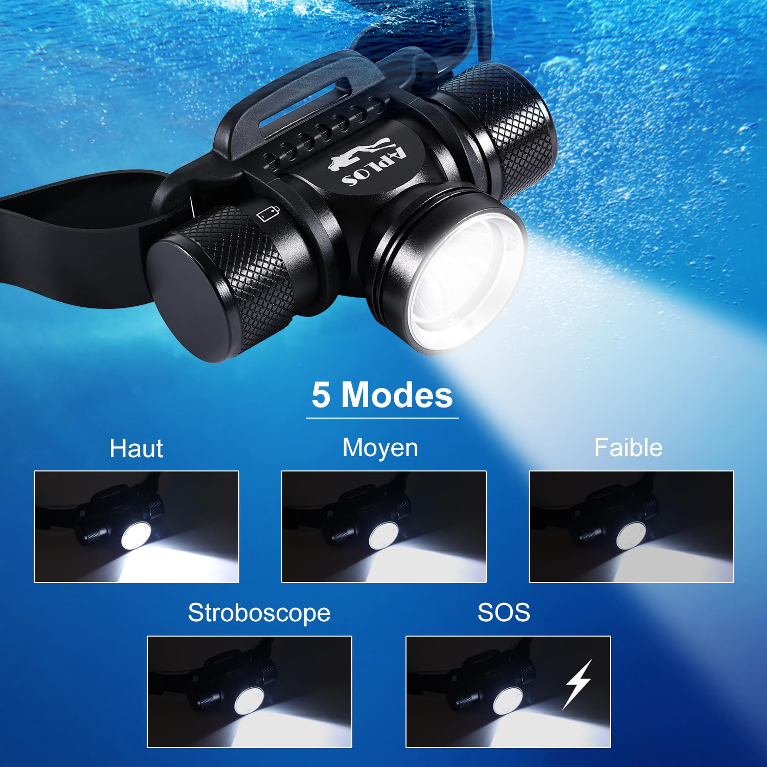 APLOS H900 Lampe frontale de-plongée - 3000 lumens Lampe Frontale Rechargeable étanche pour plongée, 3 modes d'éclairage Étanche IP68 pour Natation randonnée Camping Chasse pêche