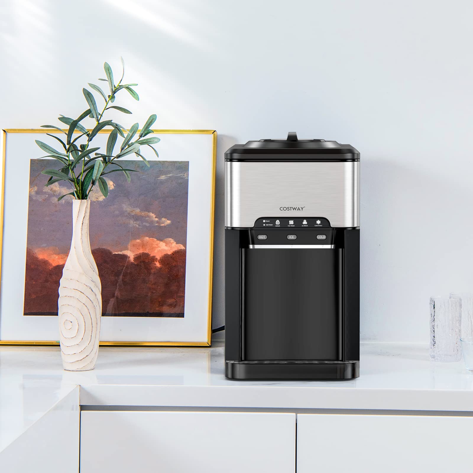 COSTWAY 3 en 1 Machine à Glaçons avec Fontaine à Eau Bonbonne Froide/Chaude, en Acier Inoxydable, 19 kg en 24h, Capacité de 1,5 L, Préparation Rapide en 6-13 Min, Ice Maker Facile à Nettoyer, Noir