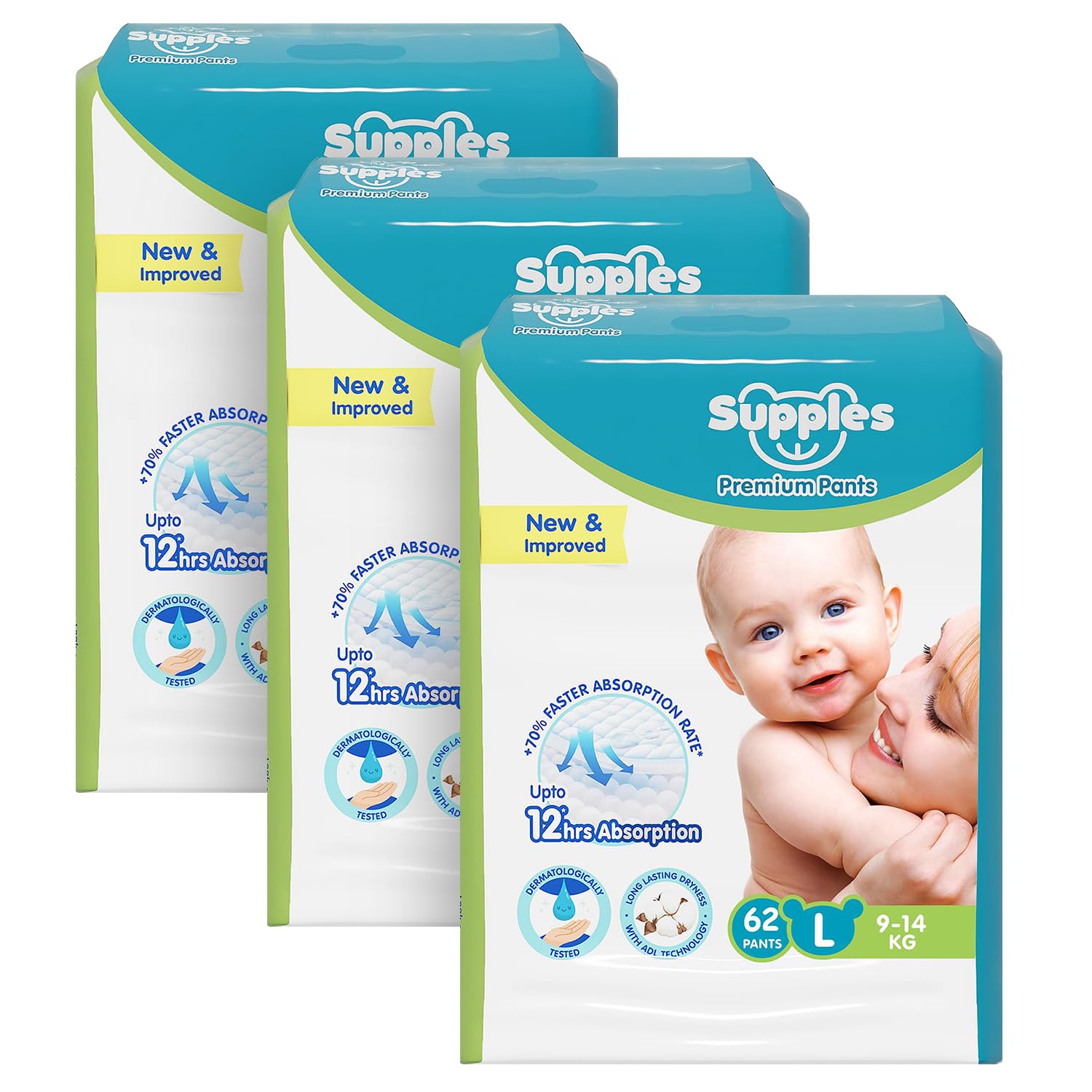 Supples Baby Diaper Pants L Pack of 3 Super Jumbo Box (2.5 kg - 12.0 kg) (186 Count)