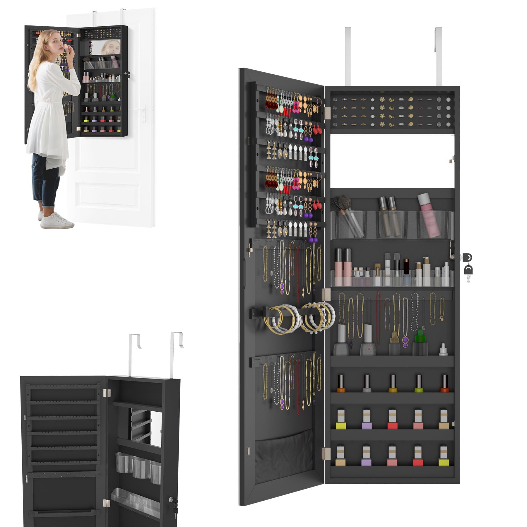 LZQ Schmuckschrank mit Spiegel Hängend Spiegelschrank Abschließbar Wandschmuckschrank 2-in-1 Schmuckaufbewahrung Türspiegel Wandspiegel Schmuck-Organizer, 107,5 x 36,5 x 9,5 cm, Schwarz