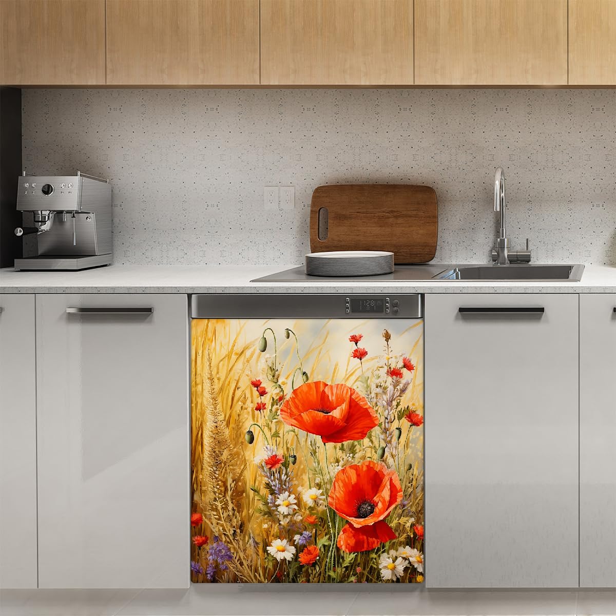Mexpekil Geschirrspüler-Magnetabdeckung für Türfront, Vintage-Mohnblumen-Gemälde, wiederverwendbar, dekorative Platte für Geschirrspüler, Kühlschrank, 53,3 x 66 cm