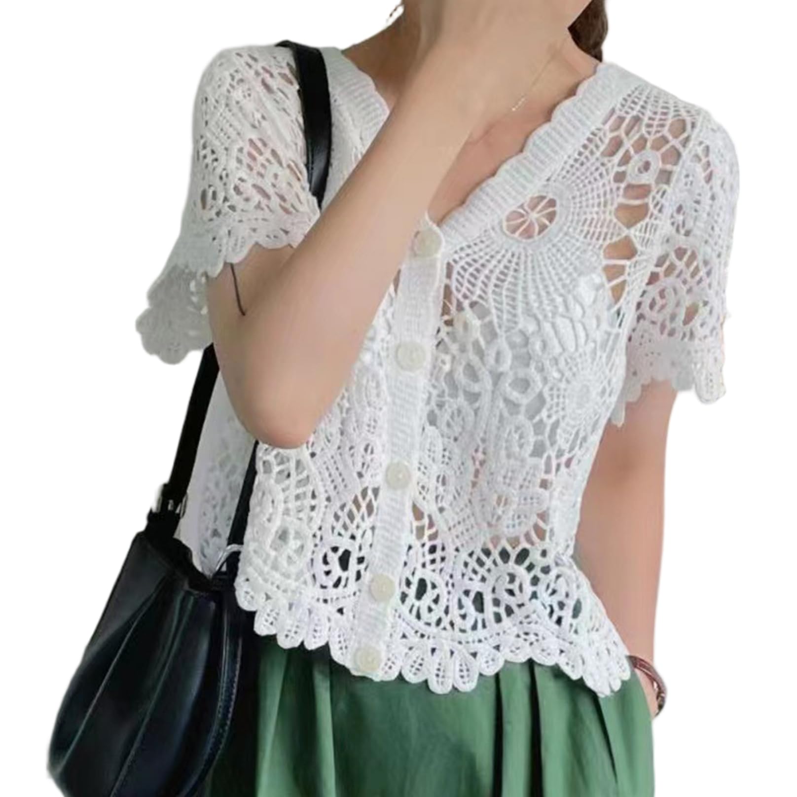 Wedhapy Lace Cardigan for Women Short Hollow Out Button Up White Lace Cardigan with Short Sleeve & V Neck Average Size Crochet Shrug for Summer