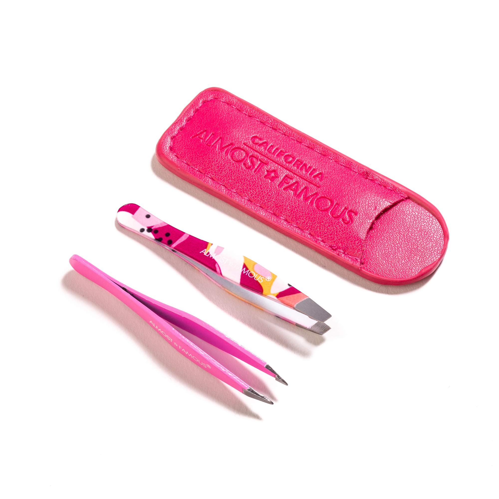 Almost Famous Mini Beauty Eyebrow Tweezers For Women, Ingrown Facial Hair Removal, With Leather Case, Fulfill Precision Needs, Portable Small Tweezers, Small Tweezer set - (Pink)