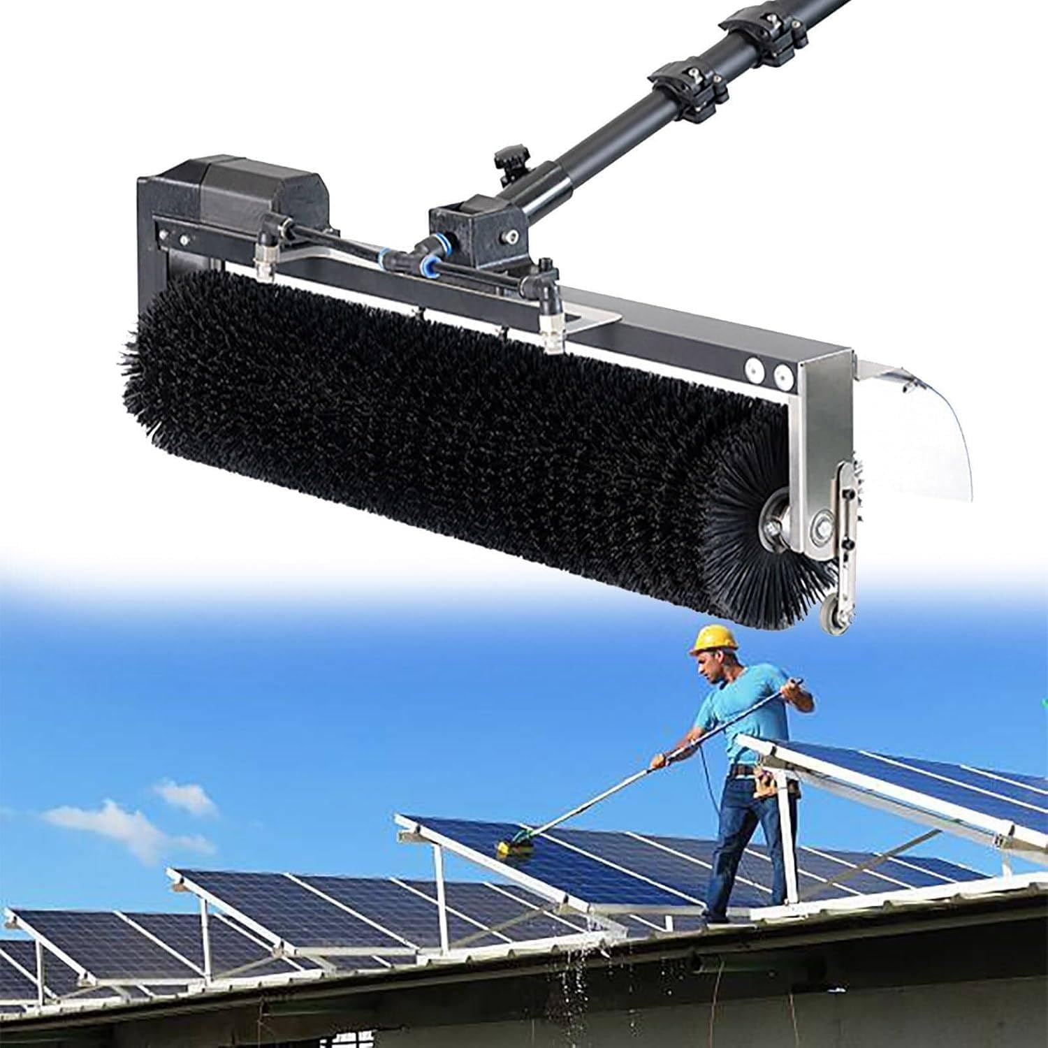 AYCDL Automatic Solar Panel Cleaning Brush, 25.2V 26A Rotary Cleaner, 60cm Wide Water Brush for Roof, Window, and Solar Panels with 3.5m Hose,Plugin?-5.5m