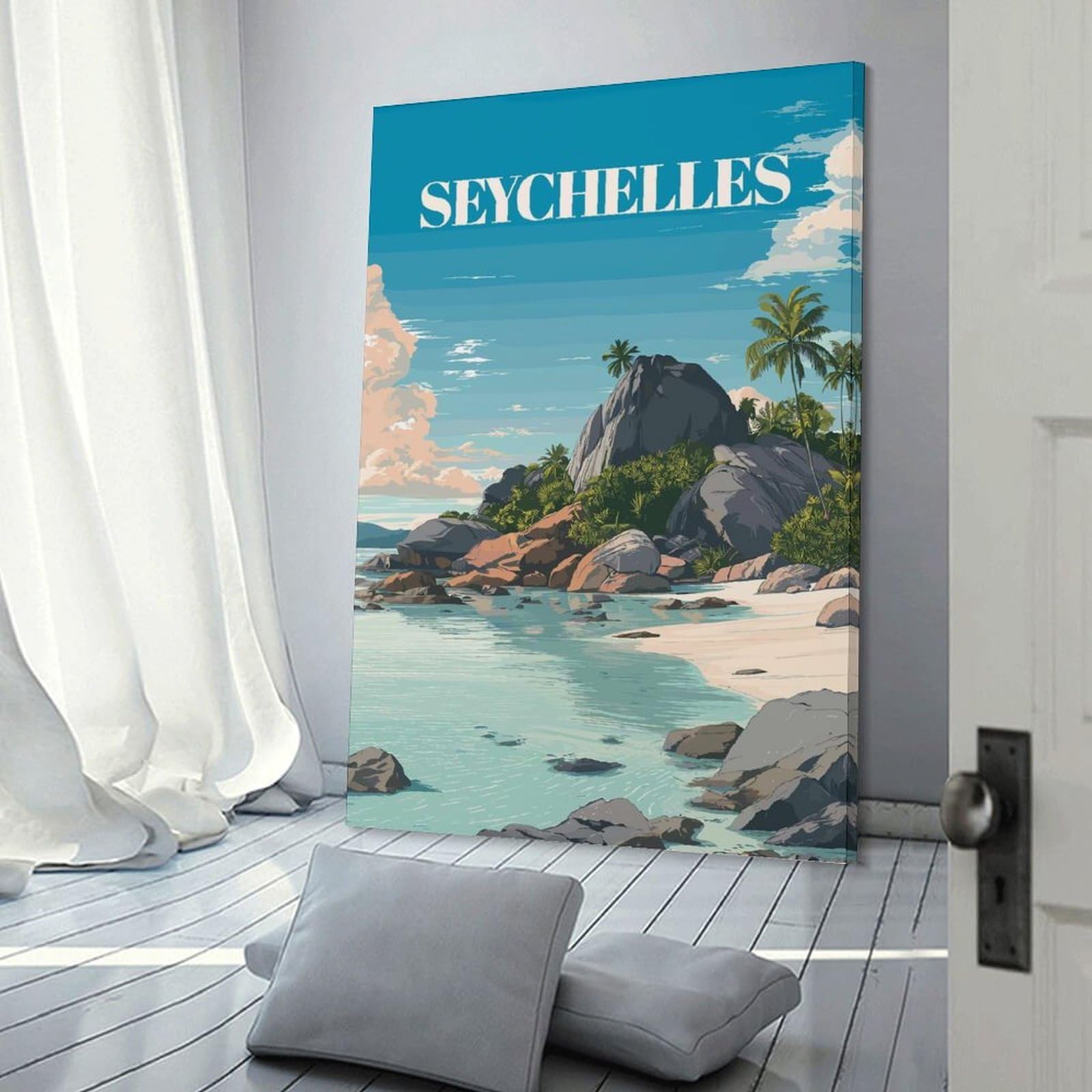 Junmoney Canvas Art Print Seychelles Beach Travel, 20x30inch(50x75cm), for Calm Bedrooms, Home Corners Or Flats, A Warm Accent for Relaxed Interiors