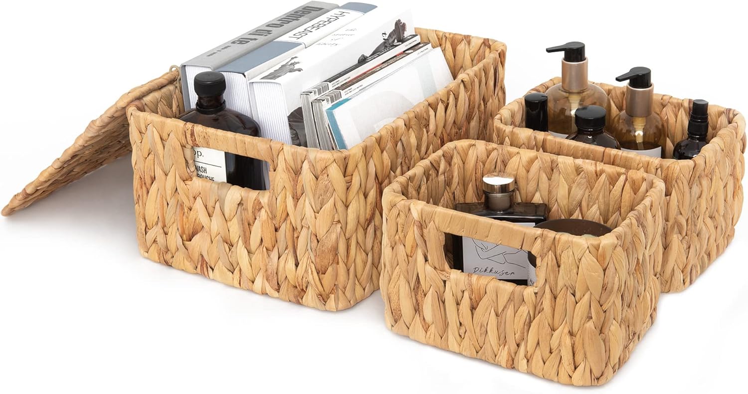 Water Hyacinth Storage Basket with Lid, Natural Wicker