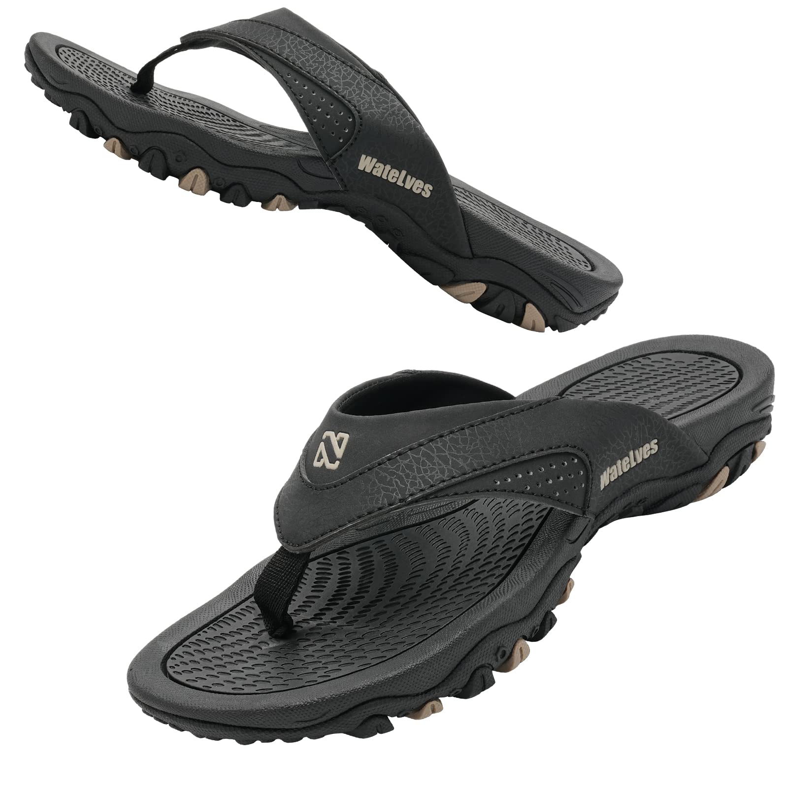 WateLves Herren Flip Flops Zehentrenner Leder mit Arch Support Sandalen Weich Leder Stoff Badelatschen Sommer Beach Rutschfest Hausschuhe Pantoletten