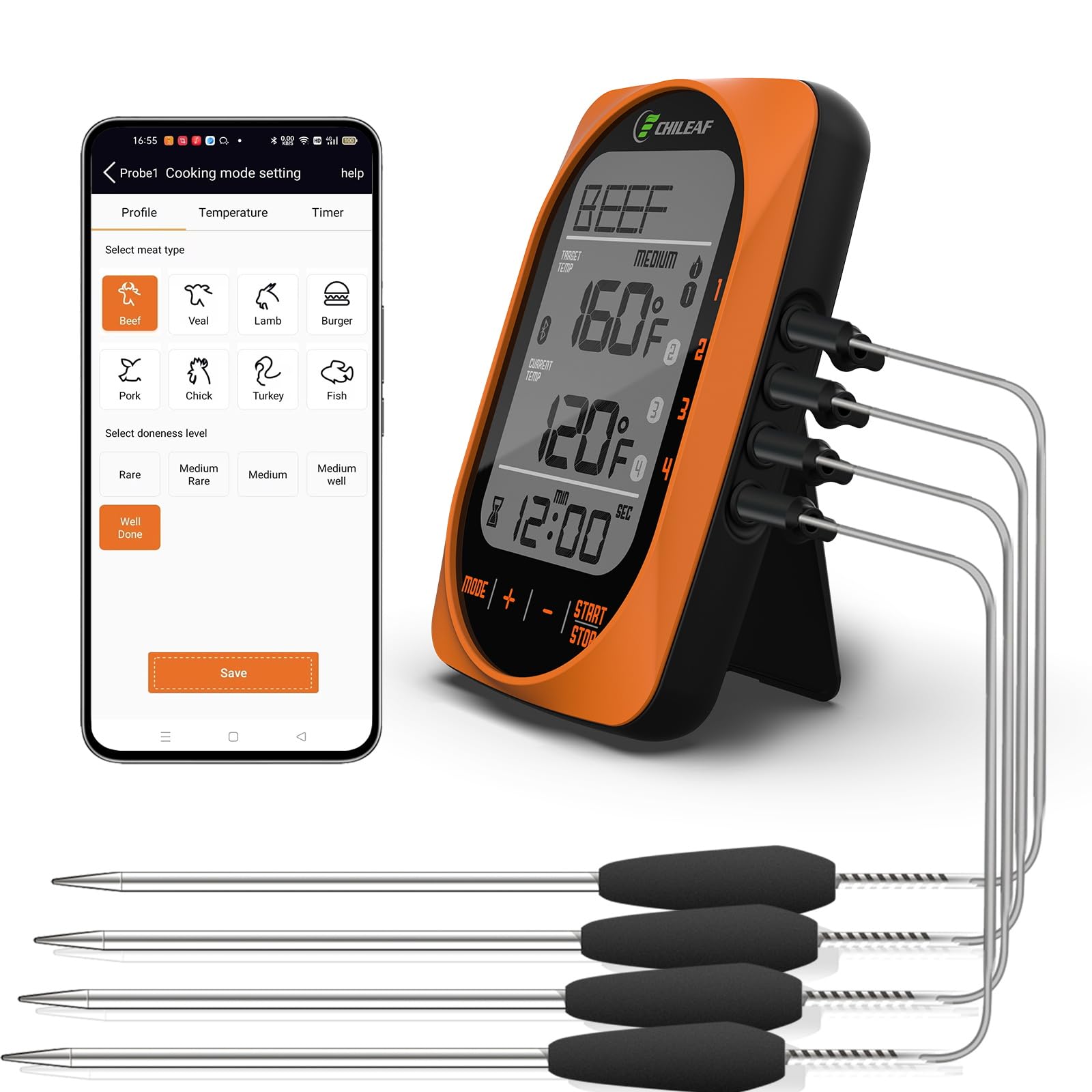 Meat Thermometer Digital Instant Read Food Thermometer Grill Thermometer Smart Bluetooth BBQ Thermometer Oven Thermometer with 4 Probes Time Mode Temper Mode for Grill Candy Meat Oven Food Smoker