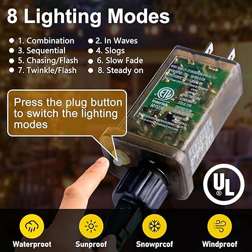 Miniatura 5 de KNONEW Guirnalda de luces de Navidad para exteriores, 170 pies, 500 luces LED, control remoto impermeable, 8 modos, tiempos de memoria para bodas,