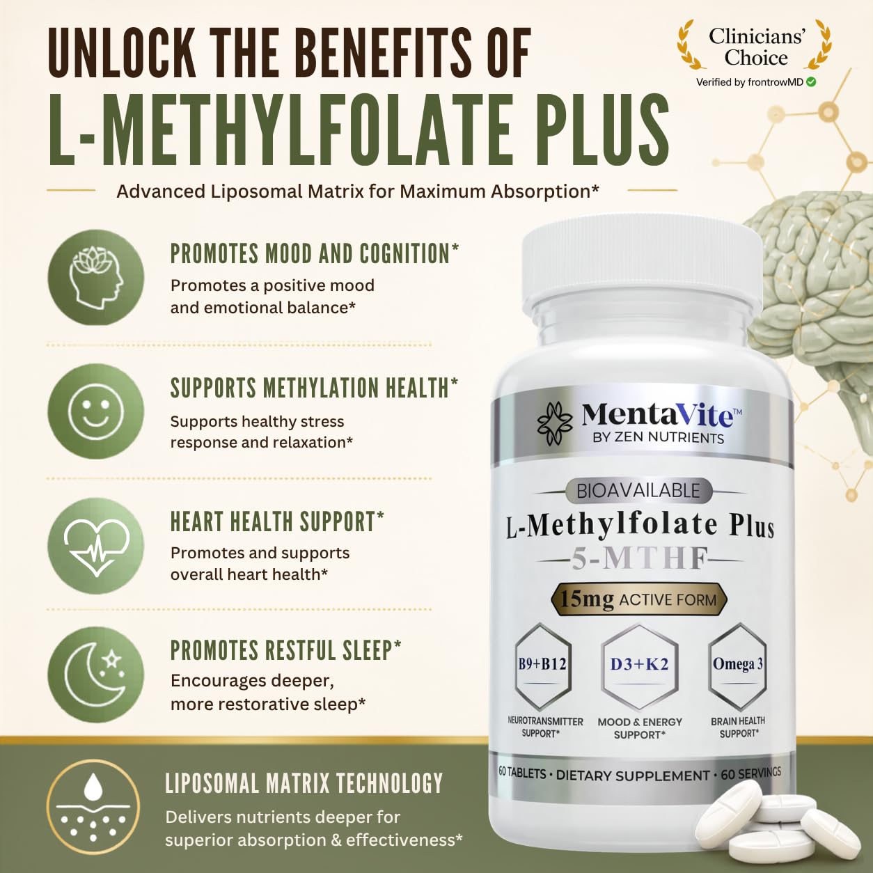 L-Methylfolate 15 mg Liposomal Matrix - Active 5-MTHF with Methylcobalamin (B12), B9, Omega 3, D3 + K2 - Methyl Folate Supplement Supports Mood, Methylation, Cognition, Vegan, 60 Tablets/Servings — Amazon image 2