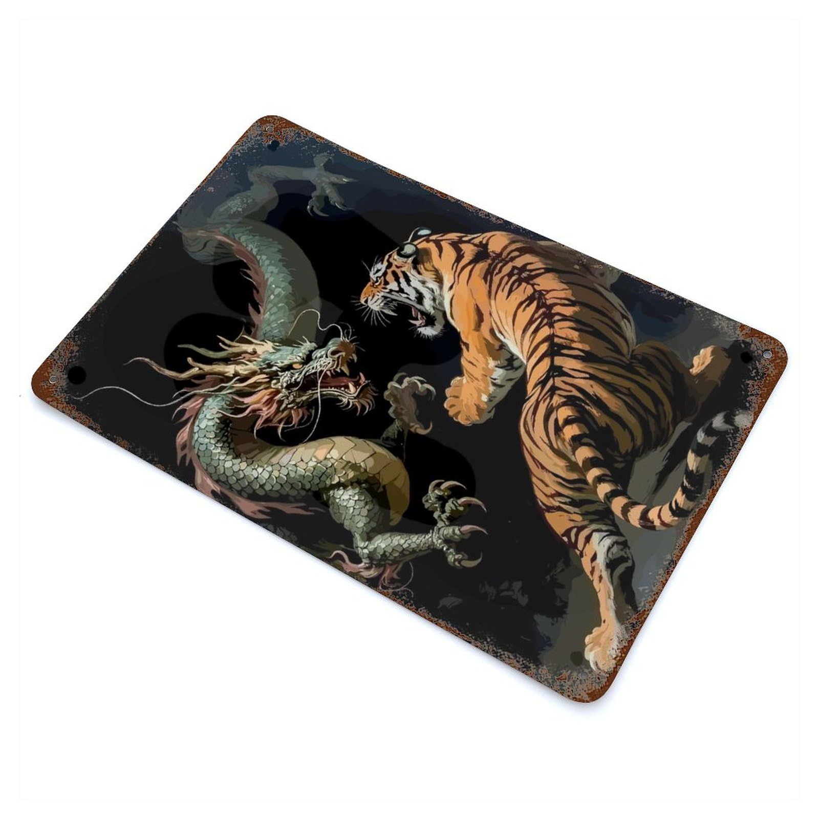 Rust Effect Dragon And Tiger Confrontation Vintage Rust Metal Sign 11.8"x7.9", Classic Wall Plaque for Shed, Workshop And Garage Wall Decor