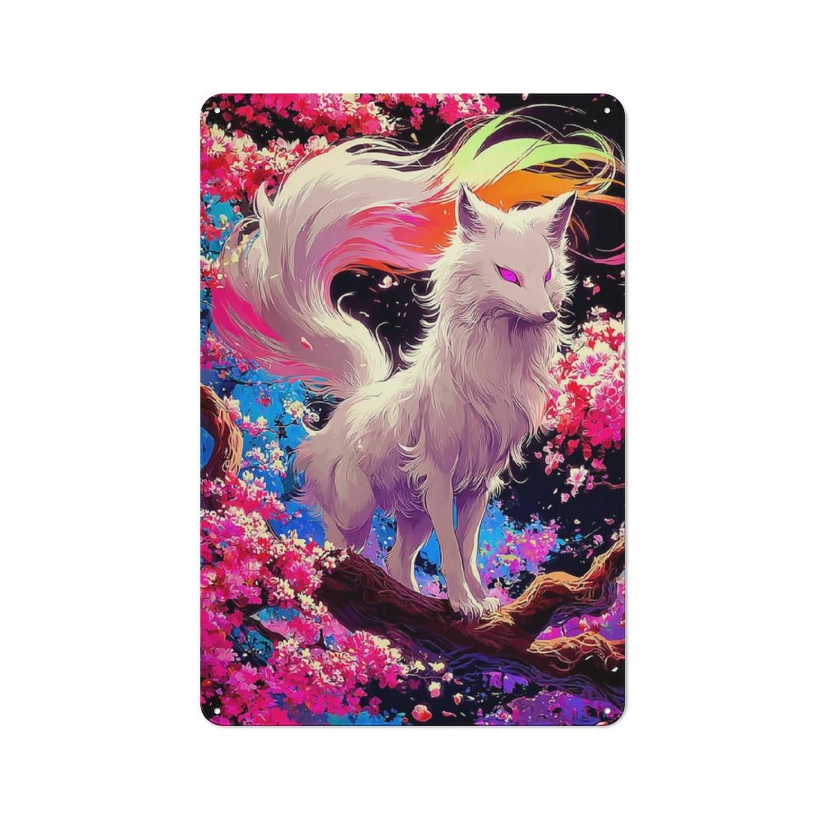 Junmoney Rainbow-Tailed Fox In Blossom Grove Vintage-Inspired Tin Sign 30X20cm For Garage Or Workshop, For Vintage Wall Decor Fans, For Metal Sign Collectors