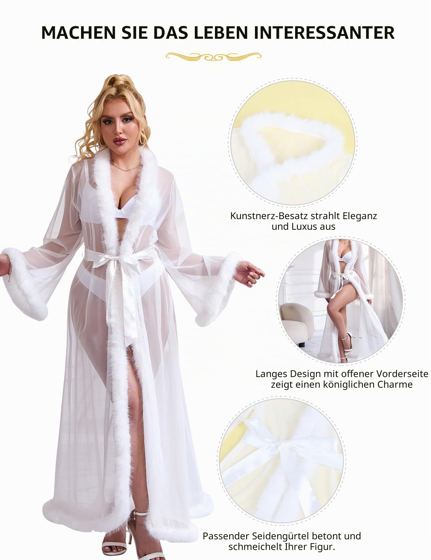 Damen Morgenmantel Lang mit Federn Pelz Maxi Große Größen | Bademantel für Mollige Frauen Sexy Kimono Robe Negligee Damen Reizwäsche Dessous mit Gürtel Transparent Elegant