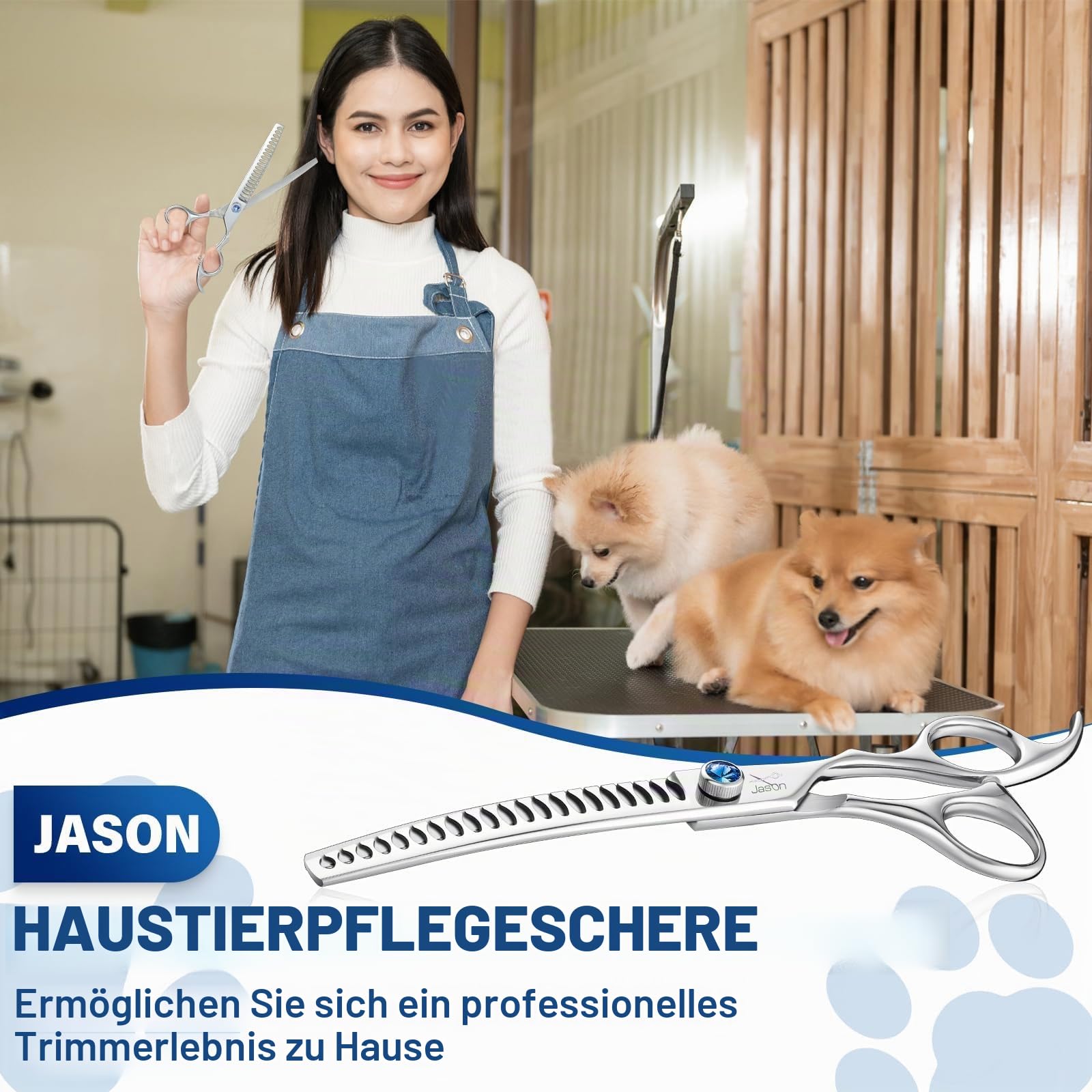 JASON 7" Gebogene Chunker Hundeschere - Profi Hundepflege Schere, Ausdünnungsschere für Hunde, Japanisch 440C-Edelstahl Pflegeschere Professionelle Fellschere für Groomer (21 Zähne)