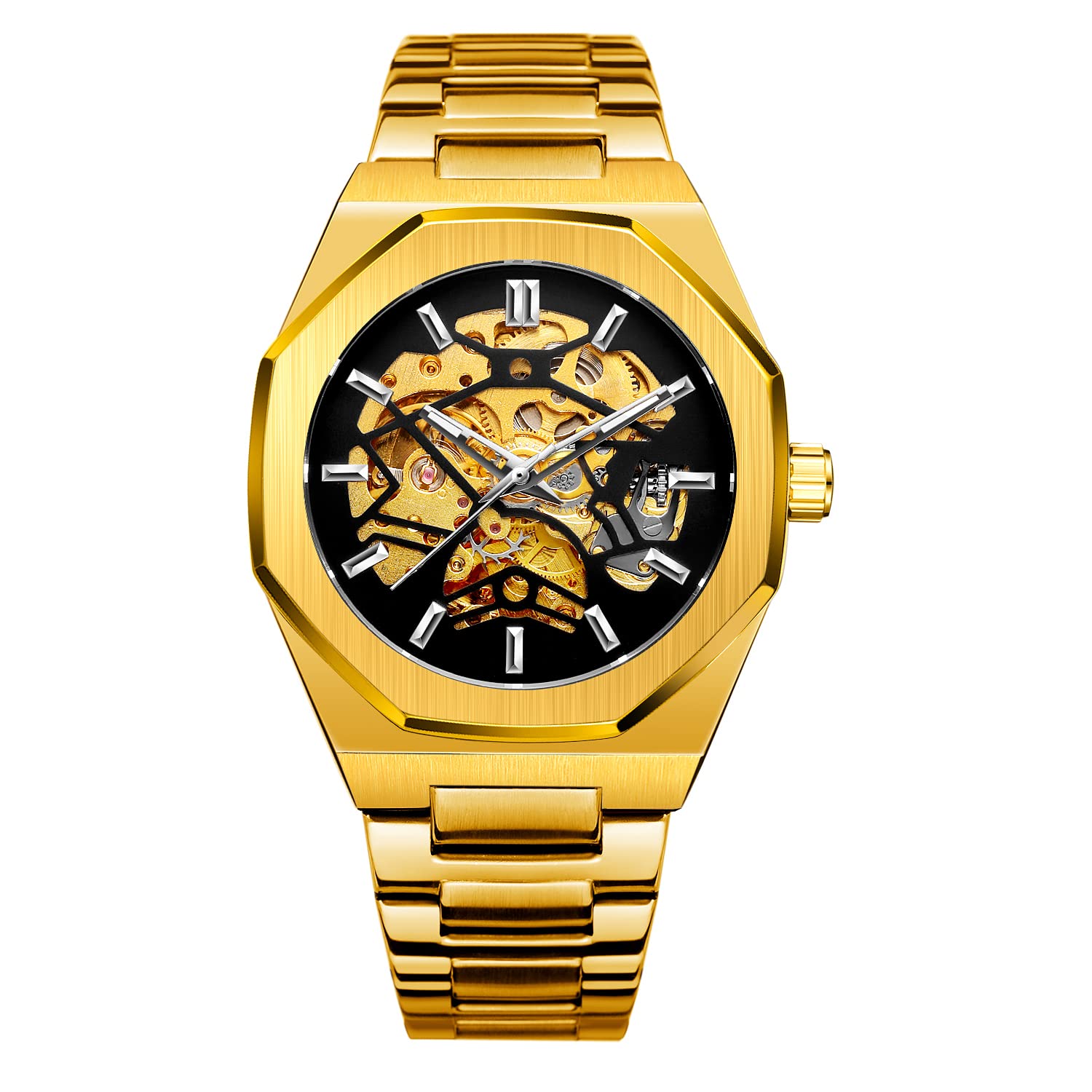 Orologio scheletrato meccanico da uomo, design a carica automatica a cuore aperto, cinturino in acciaio inox, orologio scheletro di alta qualità da indossare, Oro nero, Classico