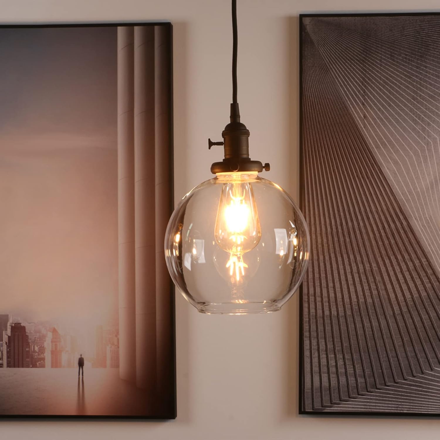 Pathson Black Pendant Light with Globe Round Glass Shade, Metal Base Cap and Adjustable Textile Cord, Industrial Style Retro Hanging Lamps for Dining Room Kitchen Island