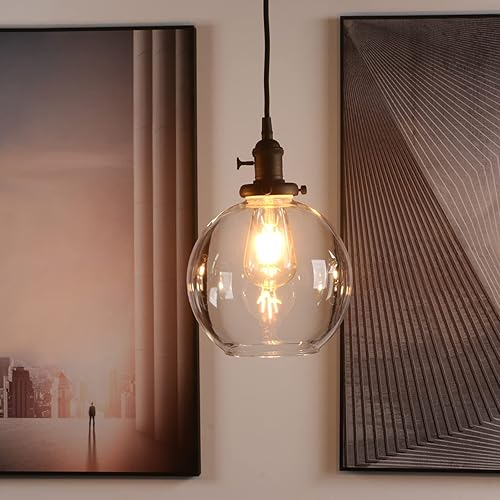 Pathson Black Pendant Light with Globe Round Glass Shade, Metal
