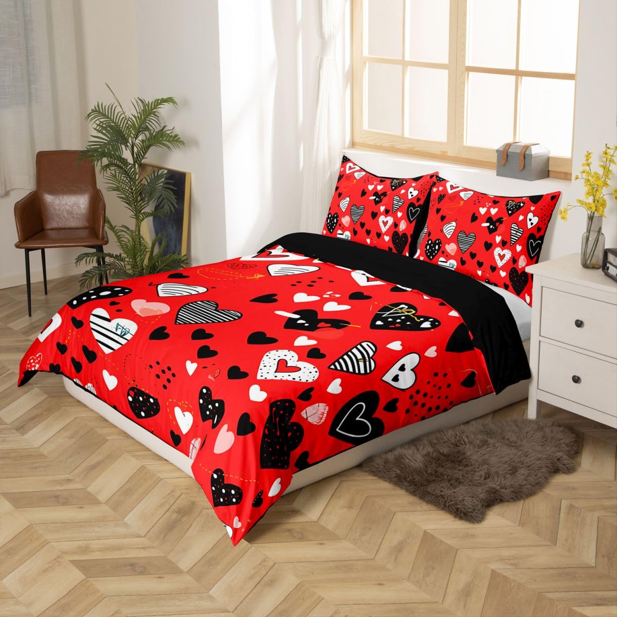 Homewish Miłość serce king size zestawy poszewek na kołdrę czerwona pościel w kształcie serca dla dzieci nastolatków romantyczna walentynkowa poszewka na kołdrę geometryczne paski zestaw pościeli