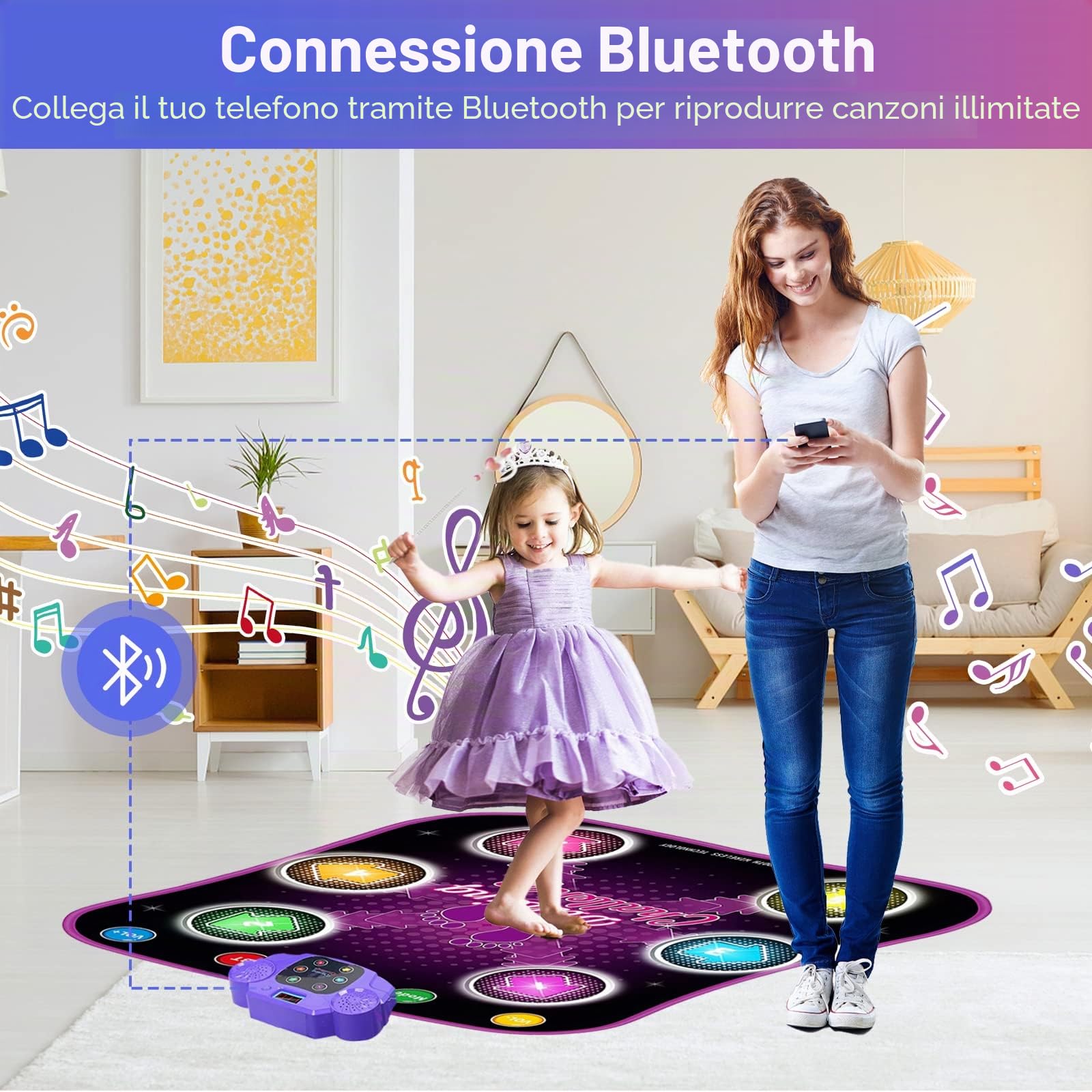 Bambini Tappetino da Ballo per 3 4 5 6 7 8+ Anni con Bluetooth, Bambina Tappeto da Ballo con 6 Luz Frecce, Elettronico Musica Dance Mat con Volume Regolabile per Regali di Natale