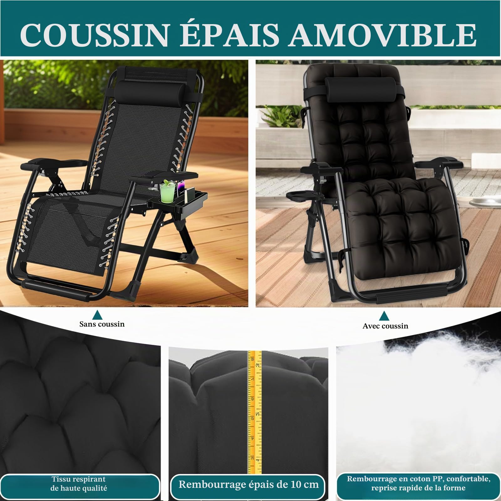 Fiutazge 65cm Large Chaise Longue Jardin Exterieur,Zero Gravity Transat De Plage Pliable avec Coussin,Appui-tête,Porte-Boisson pour Patio,Plage,Piscine,Capacité 240kg,Noir
