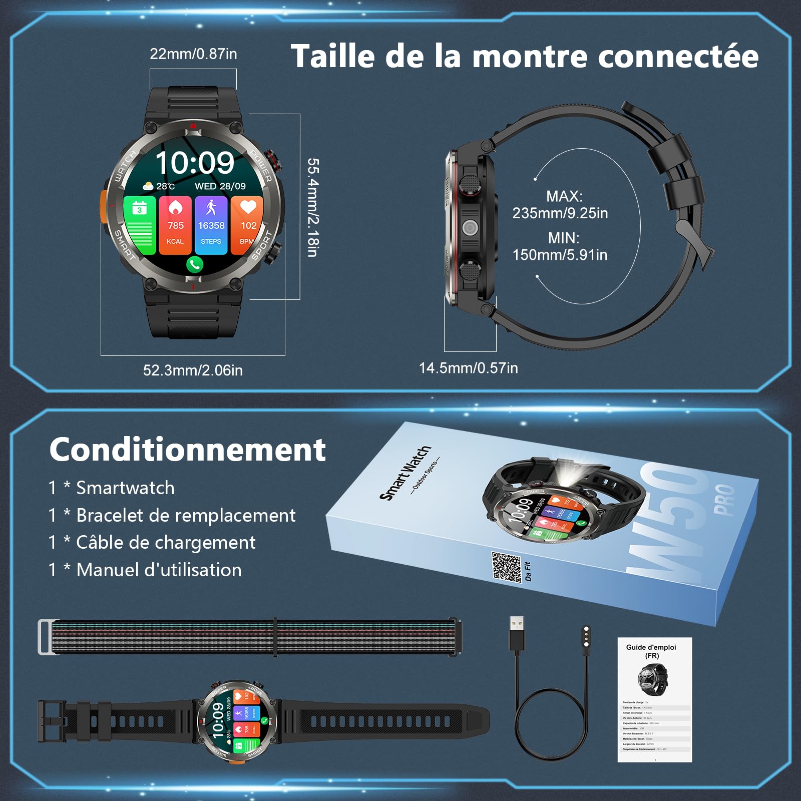 Montre Connectée Homme, Militaire Smartwatch Appels Bluetooth, Torche LED, Batterie 960mAh, 1.45'' HD, Fréquence Cardiaque, Sommeil, SpO2,120+ Modes Sportifs, Étanche IP68, 2 Sangles, Android iOS
