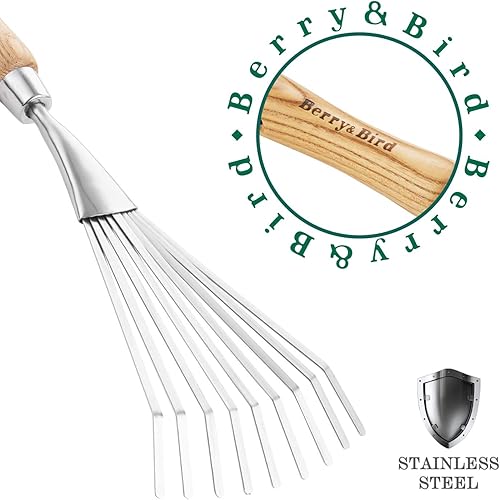 Miniatura 7 de Berry&Bird Rastrillo de mano para jardinería, rastrillo de césped de acero inoxidable de 14.7 pulgadas, hoja de césped con abanico de 9 dientes con