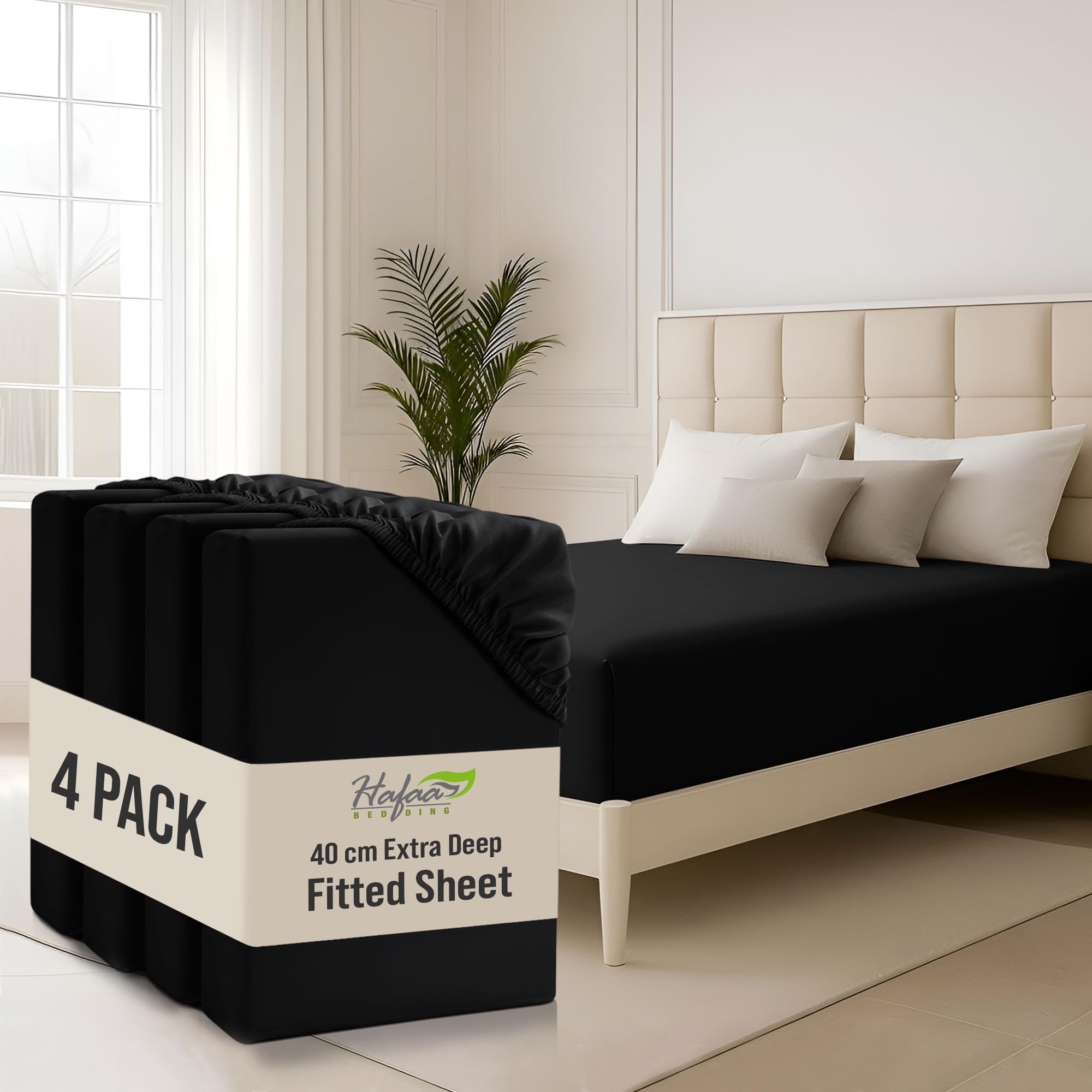 Hafaa Small Double Fitted Sheet 4 Pack 40Cm Deep Pocket 16 Inch Black