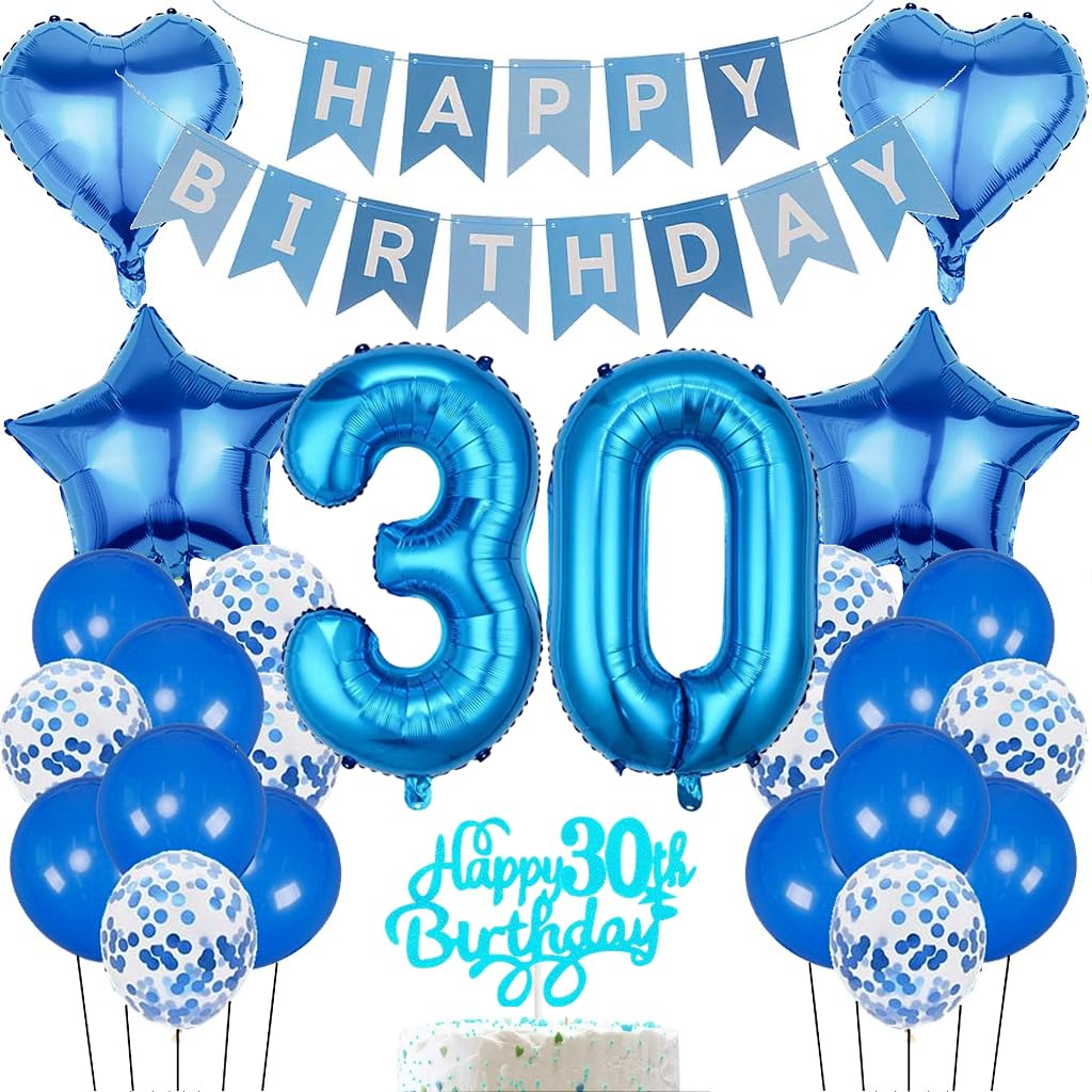 Anlgdi Birthday Decoration 30 Year Man, Balloon 30th Birthday Decoration, Blue Foil Balloon 30th Birthday Men Decoration, Happy Birthday Banner Decoration 30th Birthday Woman, Decoration 30th Birthday