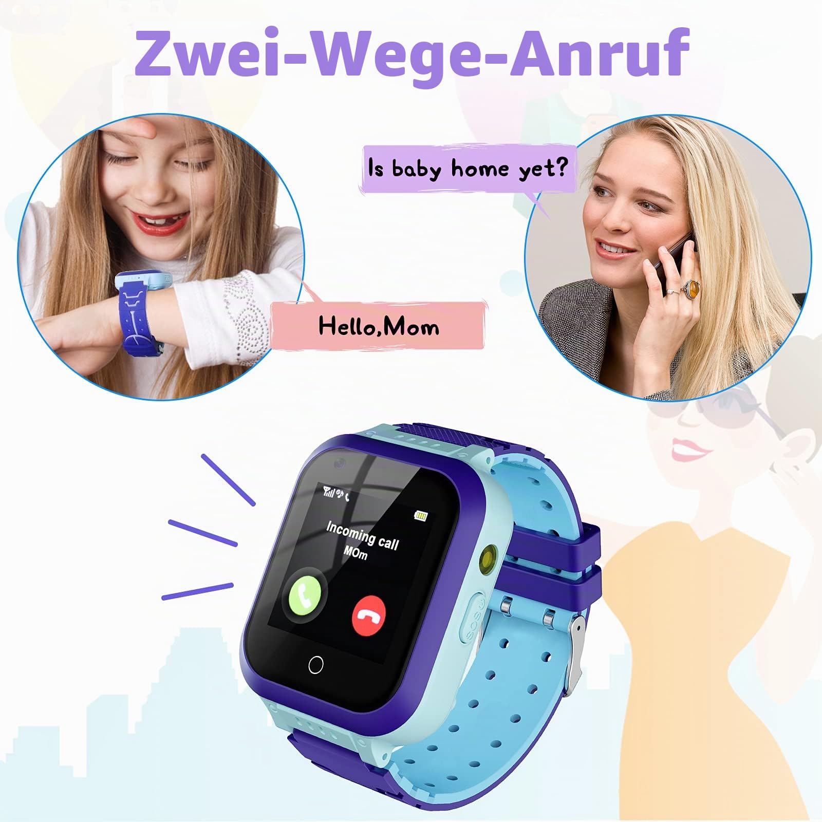 Kinder-Smartwatch,Kinderuhr GPS Anruf,Wecker,Match-Spiel,SOS Kamera-Touchscreen kindersmartwatchuhr Armbanduhr 3-15 Geburtstag Telefonieren Geschenk Weinachtsgeschenke,Blau,one Size