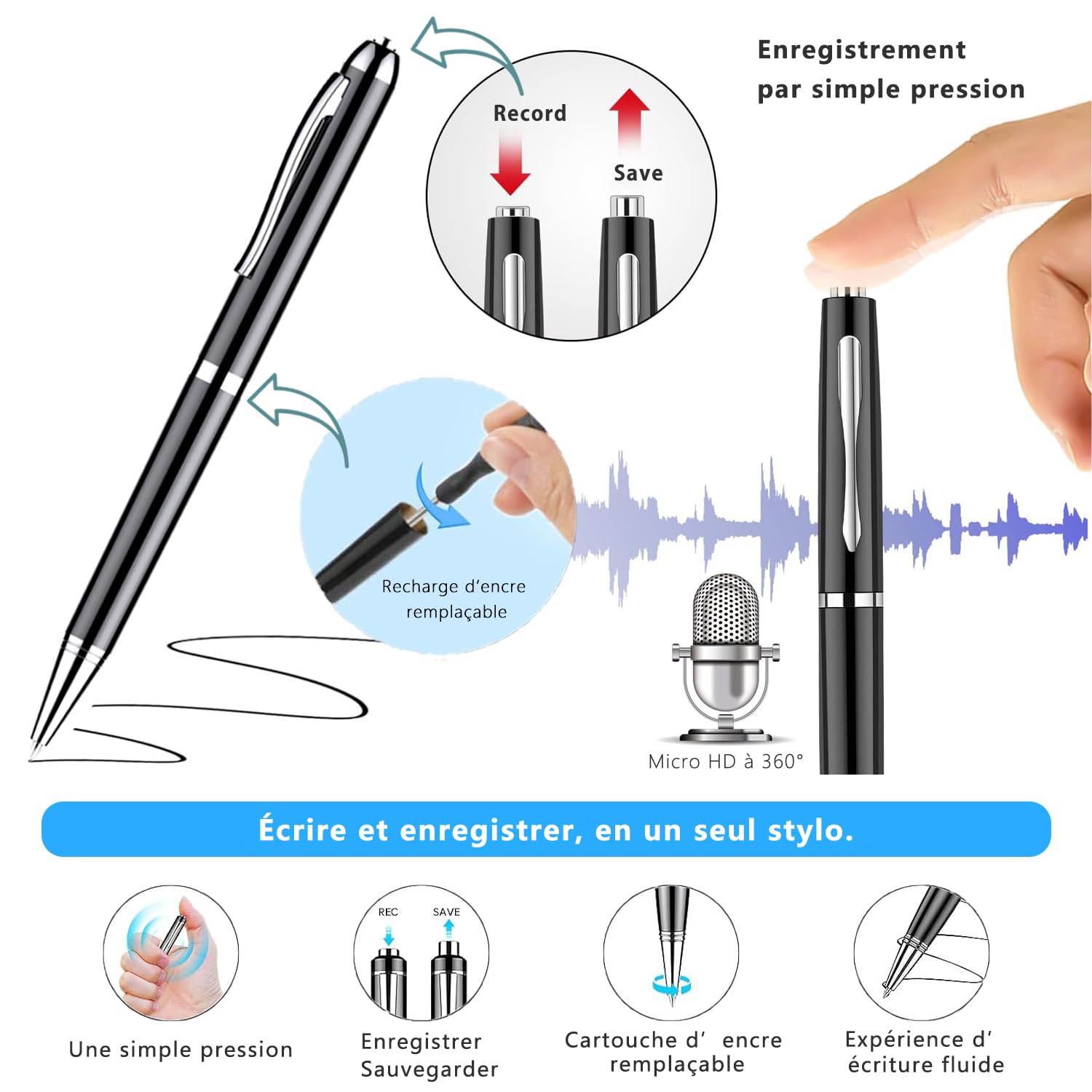 Stylo dictaphone avec Transcription Via Application, Micro 360°, Enregistrement 1 clic, Traduction en Temps réel, Batterie 10 h, mémoire 16 Go, pour réunions, Cours et entretiens