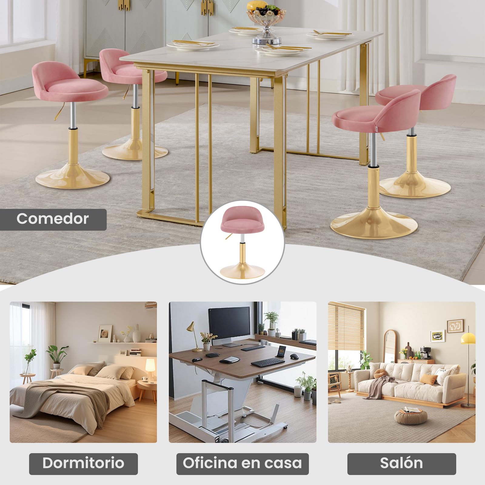 WOLTU Taburete Bajo con Respaldo Terciopelo, Rosa+Dorado