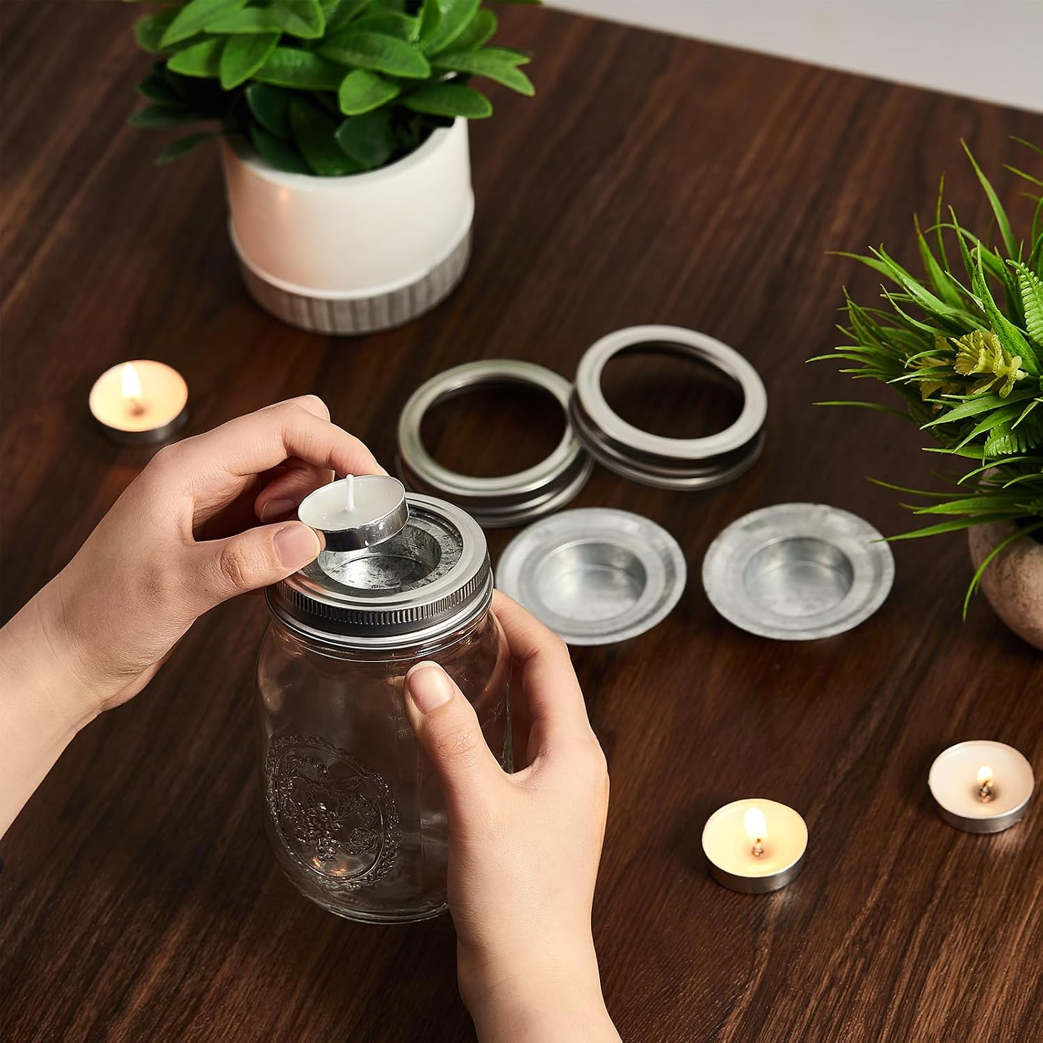 3 Sets Mason Jar Tea Candle Holder Lid Inserts with Mouth Rings
