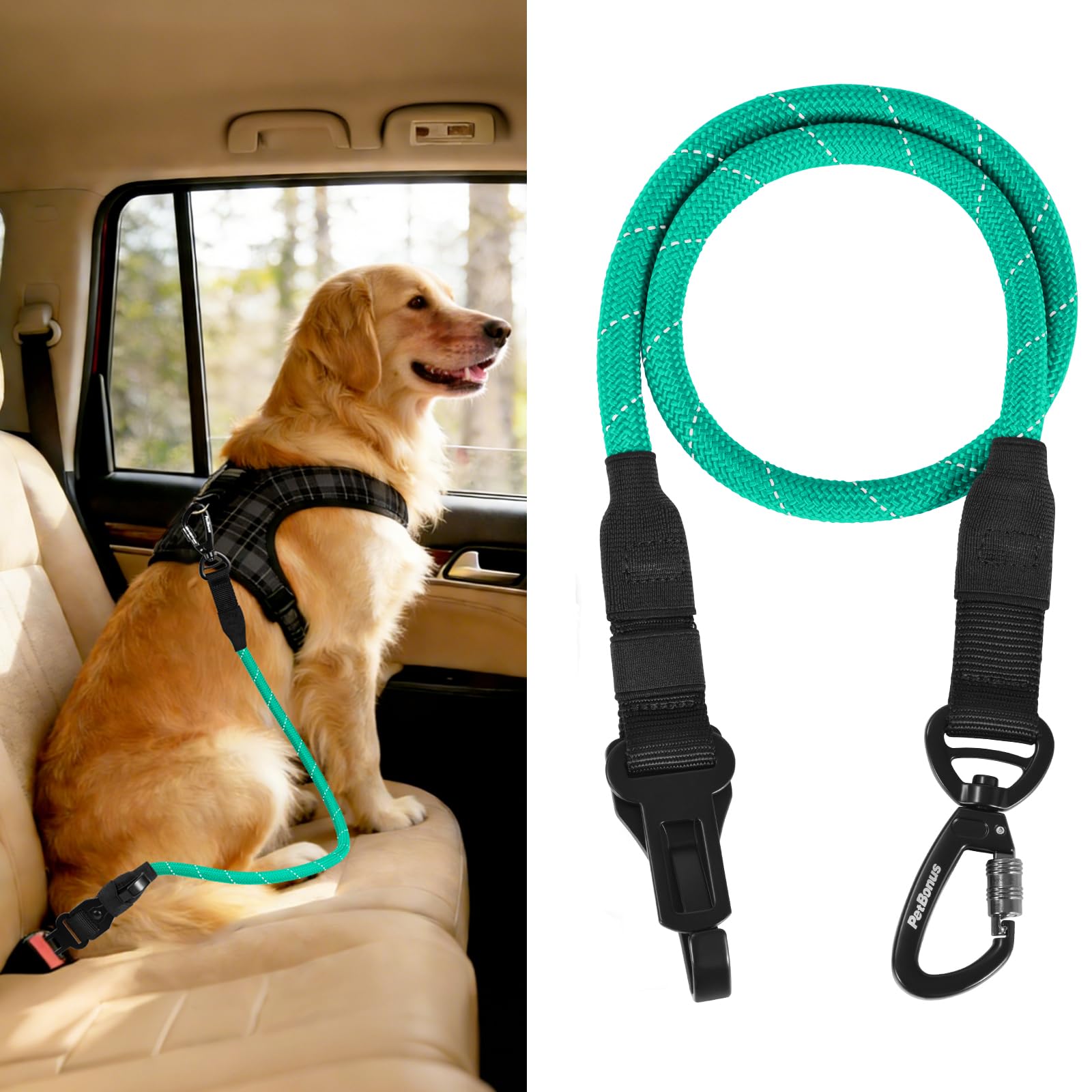 PetBonus Dog Seat Belt for Car, Durable Rope Dog Car Harness Seatbelt for Vehicle, Pet Tether Safety Restraint with Heavy Duty Buckle Hook Latch Lockable Clip for Small Medium Large Breeds (Turquoise) โ image 1