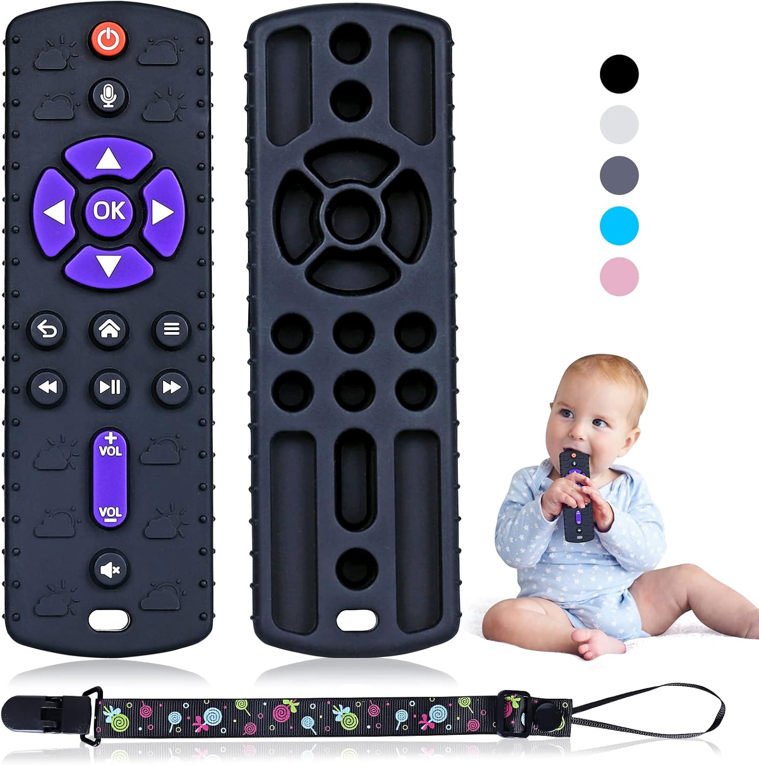Orzbow Mordedor Bebe,Mando a Distancia Mordedor de Silicona con Botones Pulsables,Suave Juguete la Dentición del Bebé,Accesorio de Enfermería la Dentición sin BPA para 0-12 Meses Bebés (Negro)
