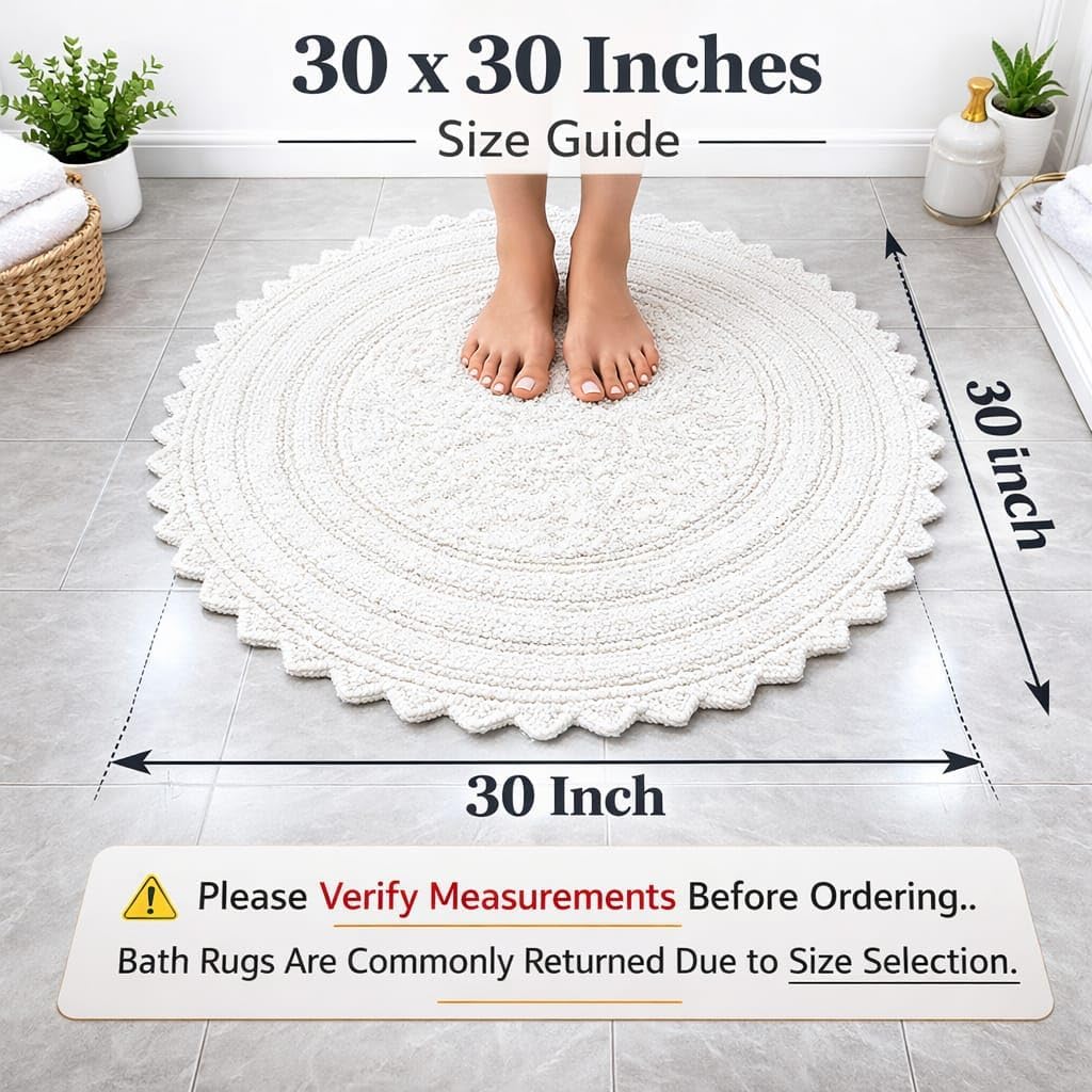 Royal Blaze Soft White Reversible Cotton Bath Mat Round Crochet Border Bathroom Rug Round 30 Inches