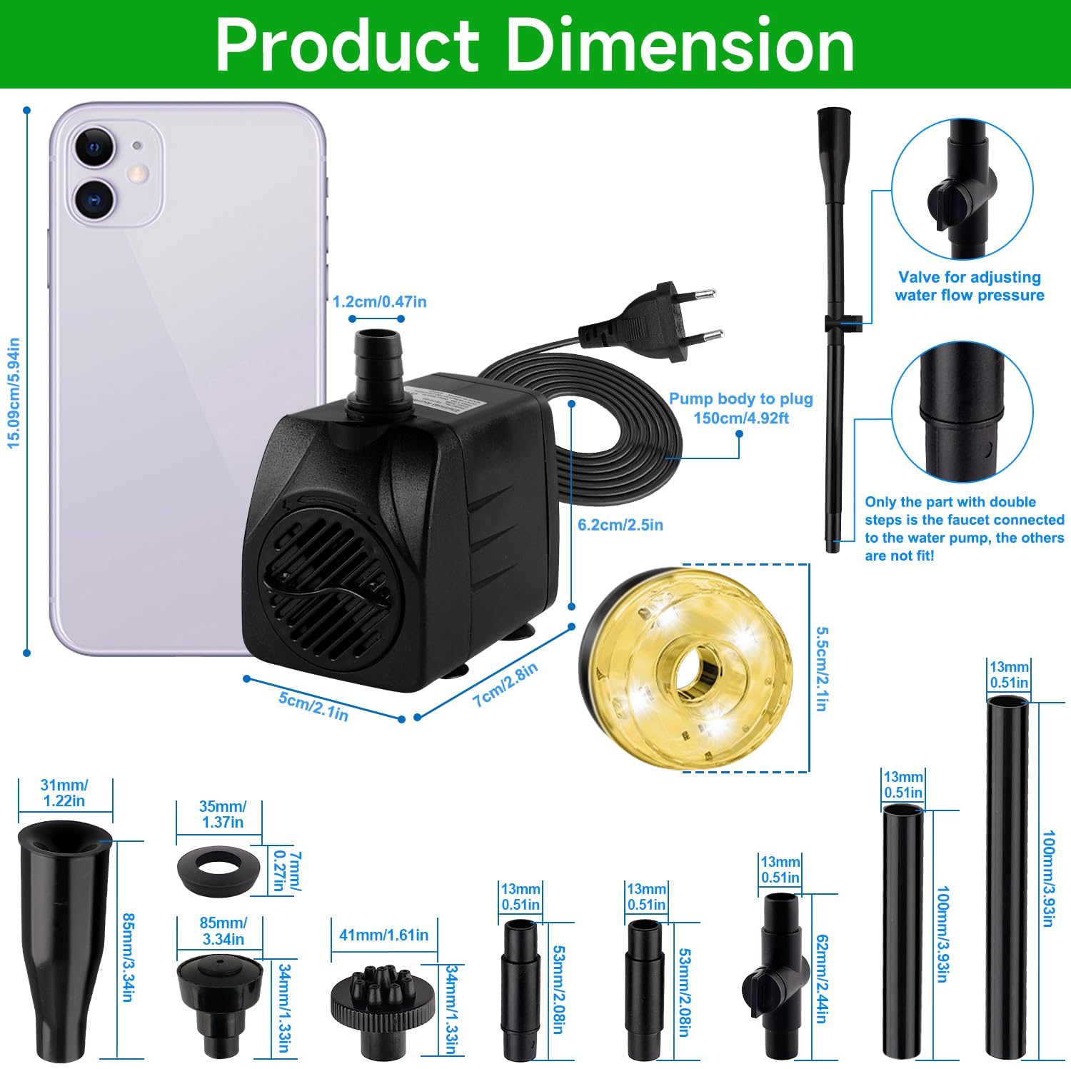 NATPOW Mini Bomba de Agua Sumergible con Luz LED 3000K, 15W 800L/H Bomba de Acuario con 3 Buses Boquillas, Cable 3M, Ultra Silenciosa Bomba para Acuario Fuente Estanque Estatuas