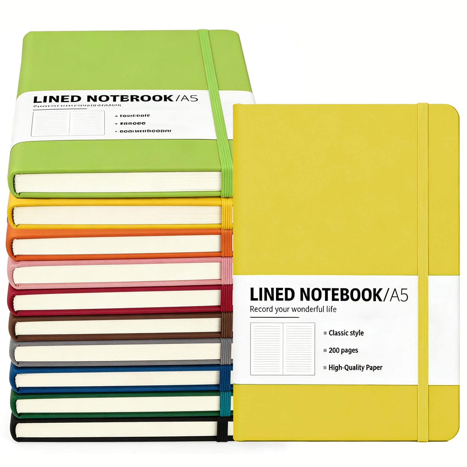 Lot de 10 carnets de notes A5 à couverture rigide de 21,6 x 14 cm, journaux lignés en vrac pour écrire, carnets en vrac 200 pages/100 feuilles, 10 couleurs classiques lignées pour travail/voyage