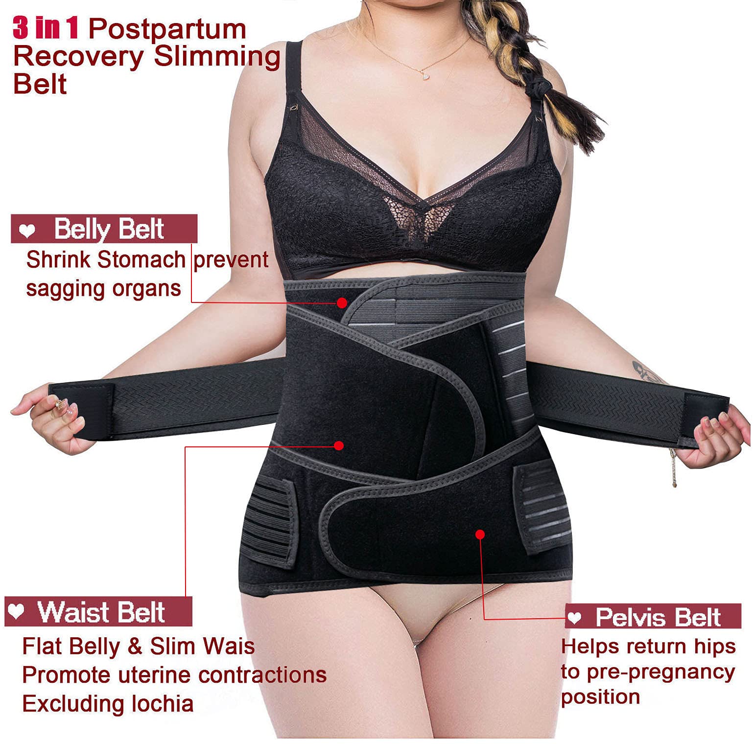 Ceinture ventrale post-partum 3 en 1 pour la récupération post-partum – Ceinture ventre/taille/bassin pour femme – Taille XL, noir…
