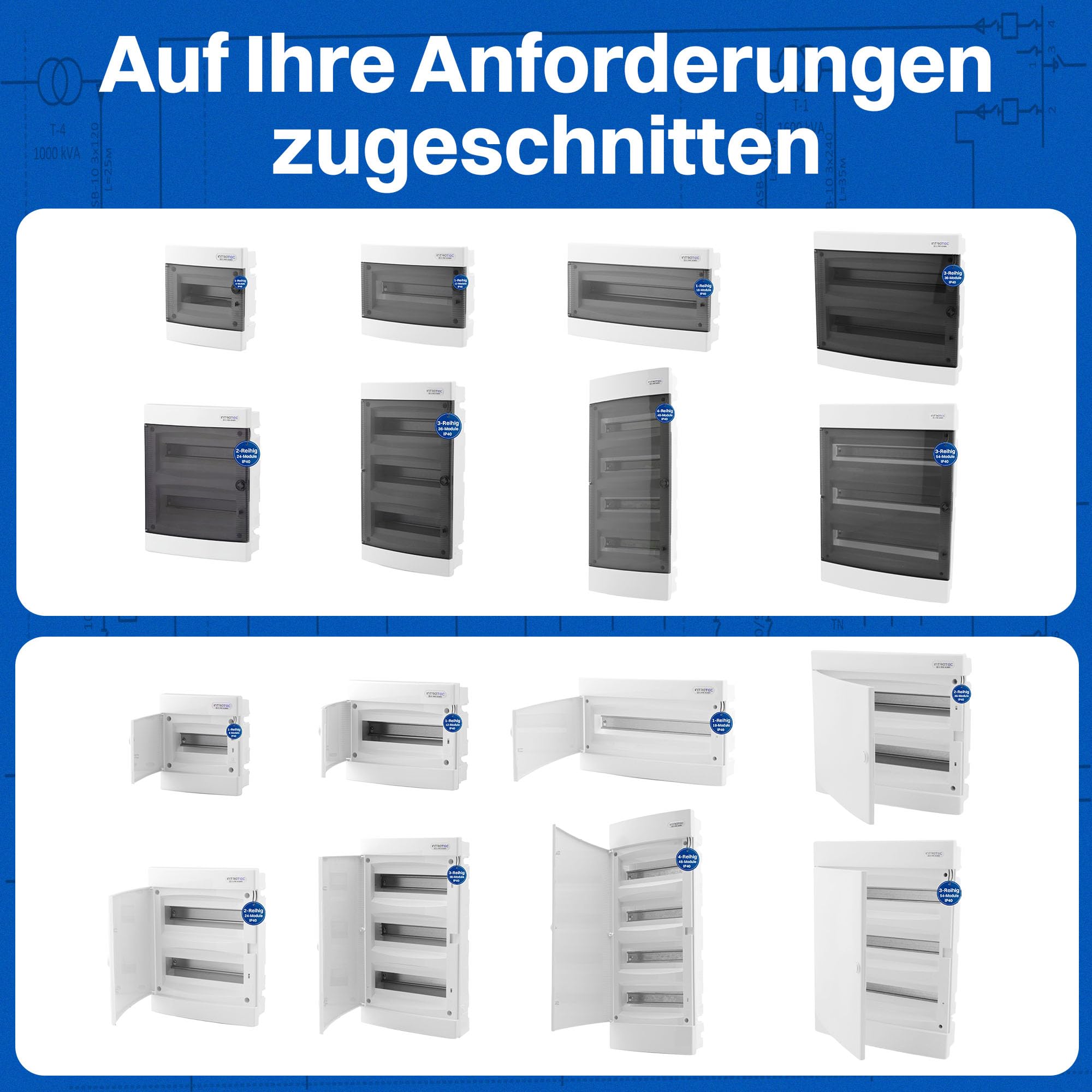 Intratec Sicherungskasten Unterputz 4 reihig – Unterputz Verteilerkasten IP40 für 48 Module mit weißer Tür und Hutschiene für einfache Elektroinstallation Zuhause & Gewerbe – 676 x 283 x 106mm