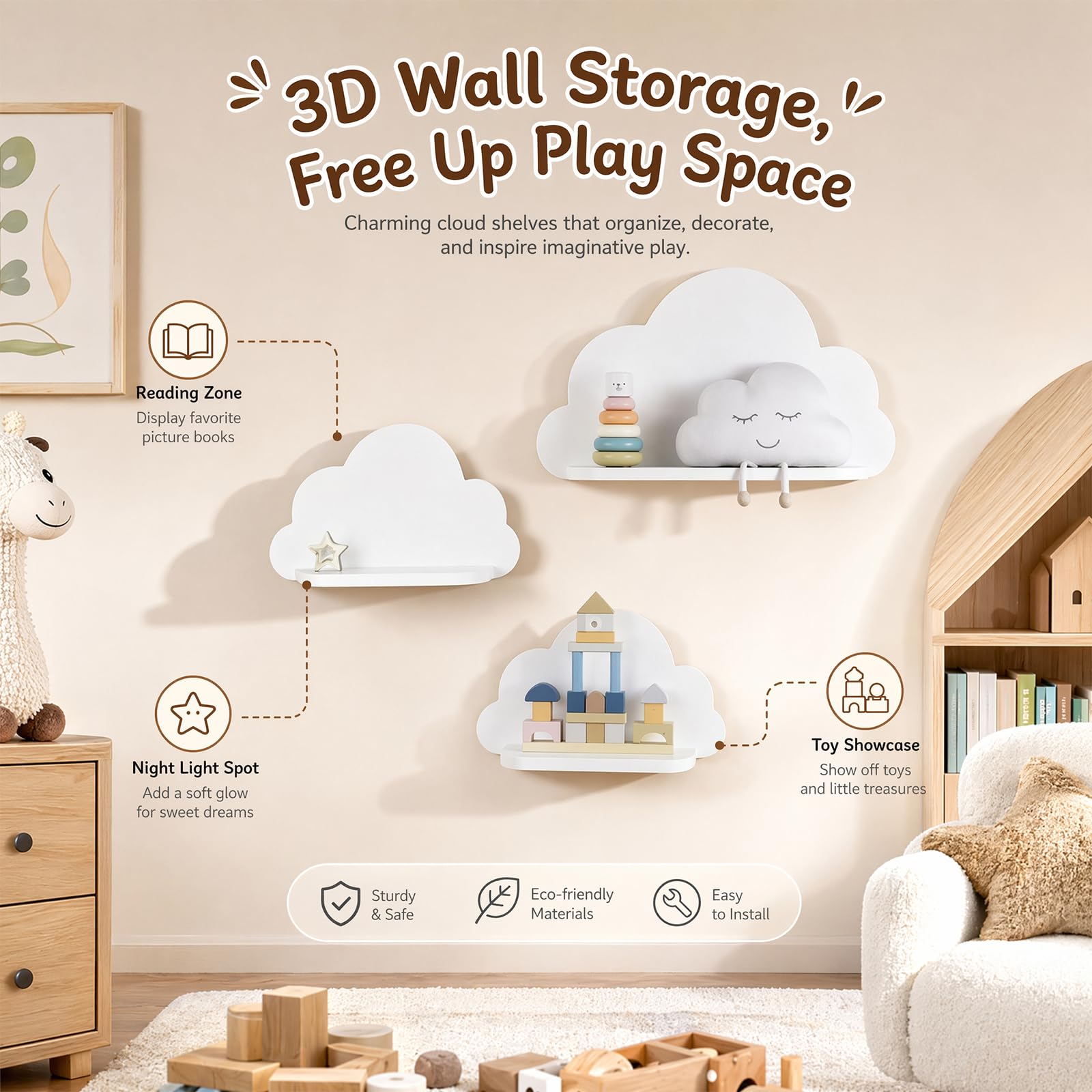 Kinderzimmer deko 3er Set Wandregal Wolke Niedlich, Aufbewahrung für Babyzimmer Kinderzimmer Junge Mädchen, für Bücher Spielzeug Figuren, Holz Weiß