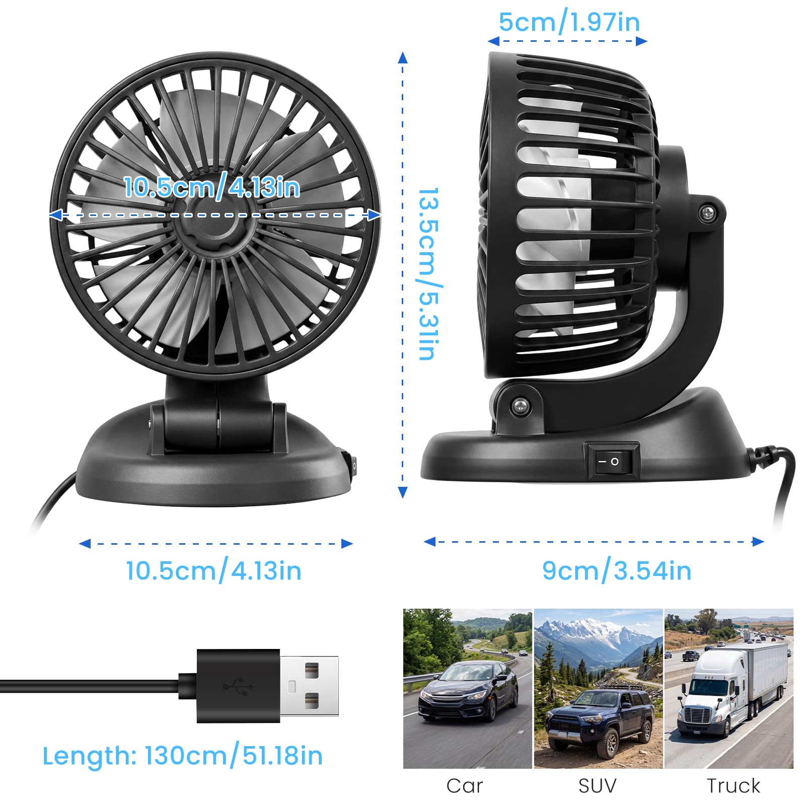 Coikes Ventilateur de Voiture 5V Ventilateur de Refroidissement de Voiture Rotatif à 360° Ventilateur de Véhicule USB Ventilateur de Bureau pour SUV RV Bateau Véhicules Camping (Noir, A)