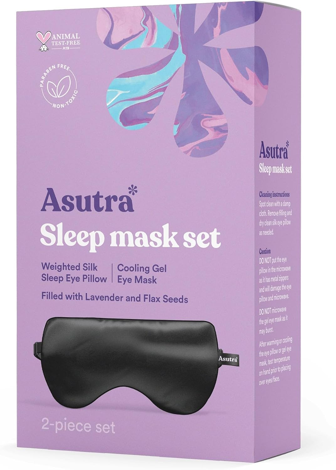 ASUTRA Silk Eye Pillow for Sleep, Black – Filled w/Lavender Buds & Flax Seeds, Weighted Eye Mask, Meditation & Light Blocking Blindfold, Cooling Gel Mask Included