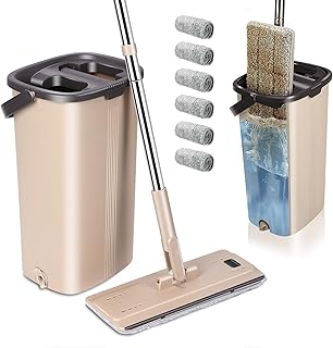 Mop and Bucket with Wringer Set,Flat Mop and Bucket Set,Mops for Floor Cleaning,Mop and Bucket with 6 Washable Microfiber Pads,Home Floor Cleaning System for All Floor Types