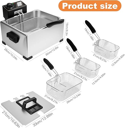 Miniatura 6 de Freidora profunda con 3 cestas y tapa, capacidad de aceite de 5.3 cuartos de galón5 litros, freidora eléctrica de 2500 W con control de temperatura