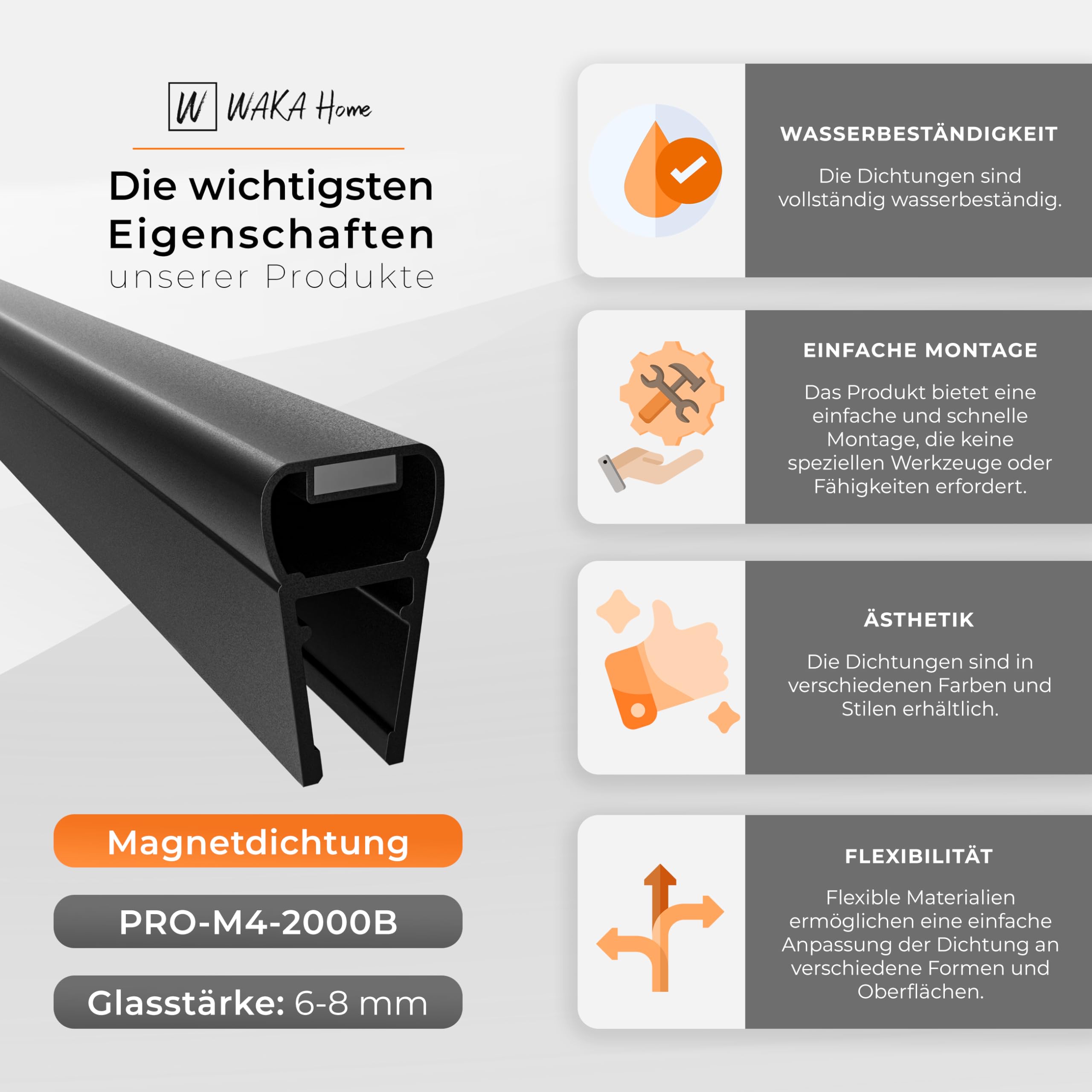 WAKA Premium SET magneet - doucheafdichting en douchedeur PRO-M4 doucheafdichtingen voor douchedeuren optisch transparant, afdichting douche glazen deur 6-8 mm, 200 cm douchedeurafdichting voor 180