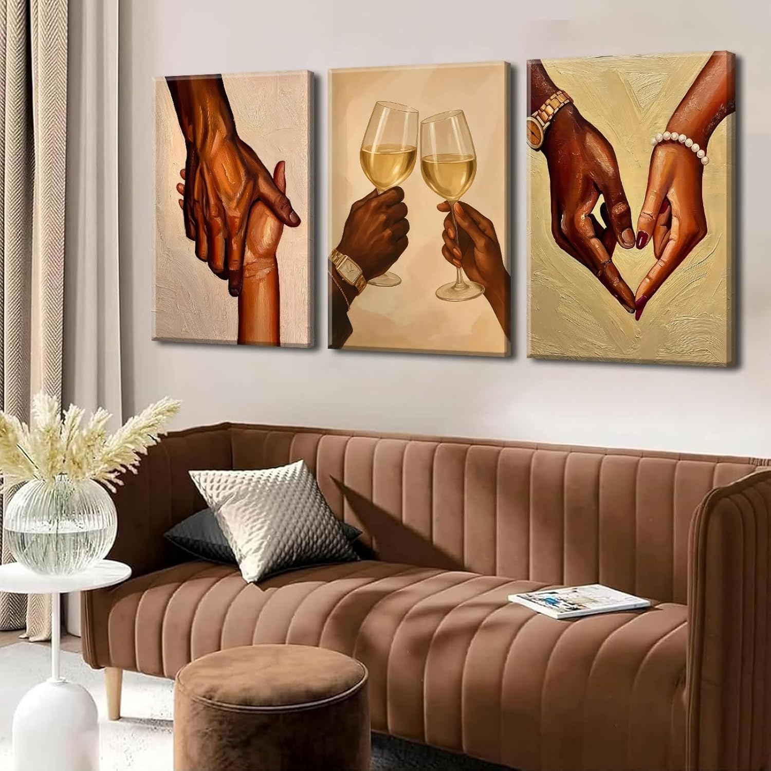 3Pcs Black Couple Canvas Wall Art Black Love Wall Decor Pictures African American Couple Holding Hands Posters Prints for Living Room Bedroom Decoration 16x24in
