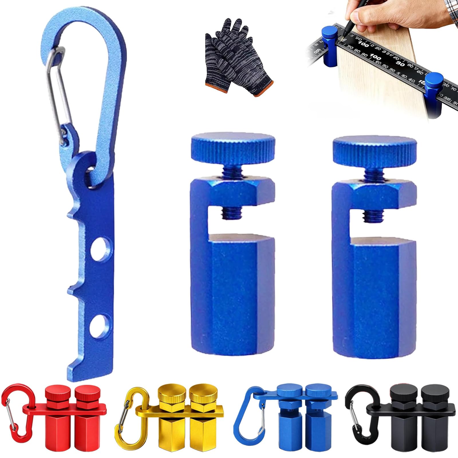 Aluminum Stair Gauge Clamp – Precision Layout, Durable Build, Secure Locking, 2026 Tall Stair Gauges for Framing Square – Hexagonal Stable Lock with Holder & Hook for Carpentry & Circular Saw (Blue)
