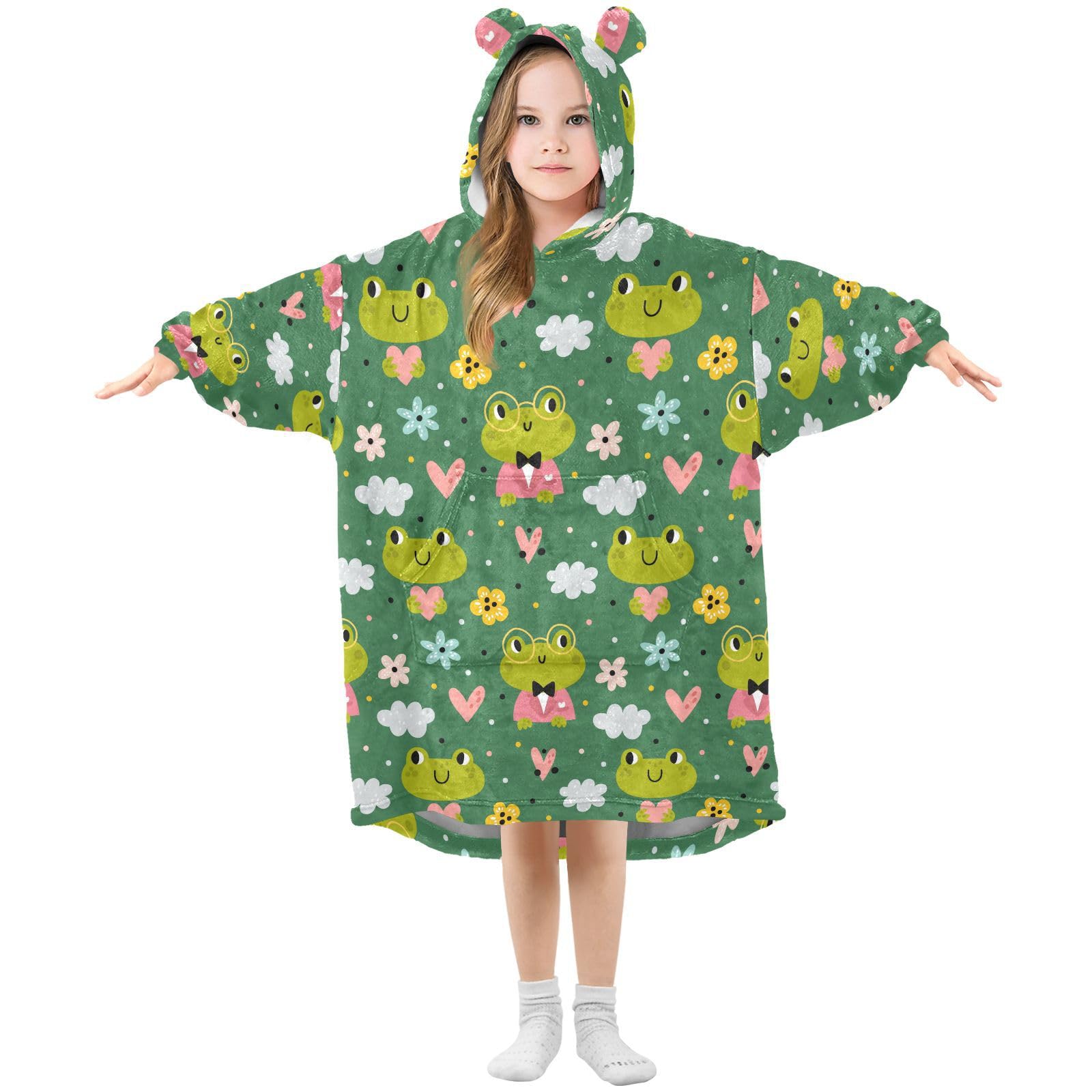 Oversized Blanket Hoodie for Kids Adult Girls Boys, Fleece Hoodie Blanket Funny Frogs Super Warm Plush Wearable Blanket Hoodie Sweatshirt with Roomy Pocket, Small
