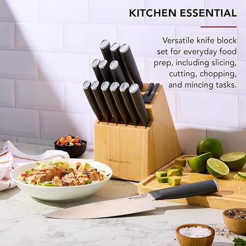 Miniatura 3 de KitchenAid Juego de bloques de cuchillos naturales clásicos con afilador integrado, cuchillos japoneses de acero inoxidable de alto carbono, gris