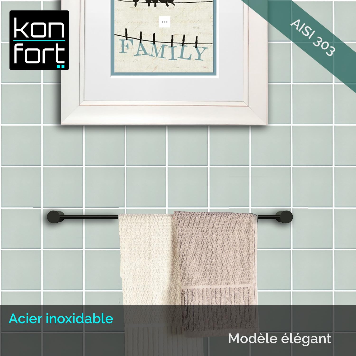 Kon-fort Home Porte Serviette Noir Salle de Bain Acier Inoxydable brossé Mat, Design Exclusif, 40 cm